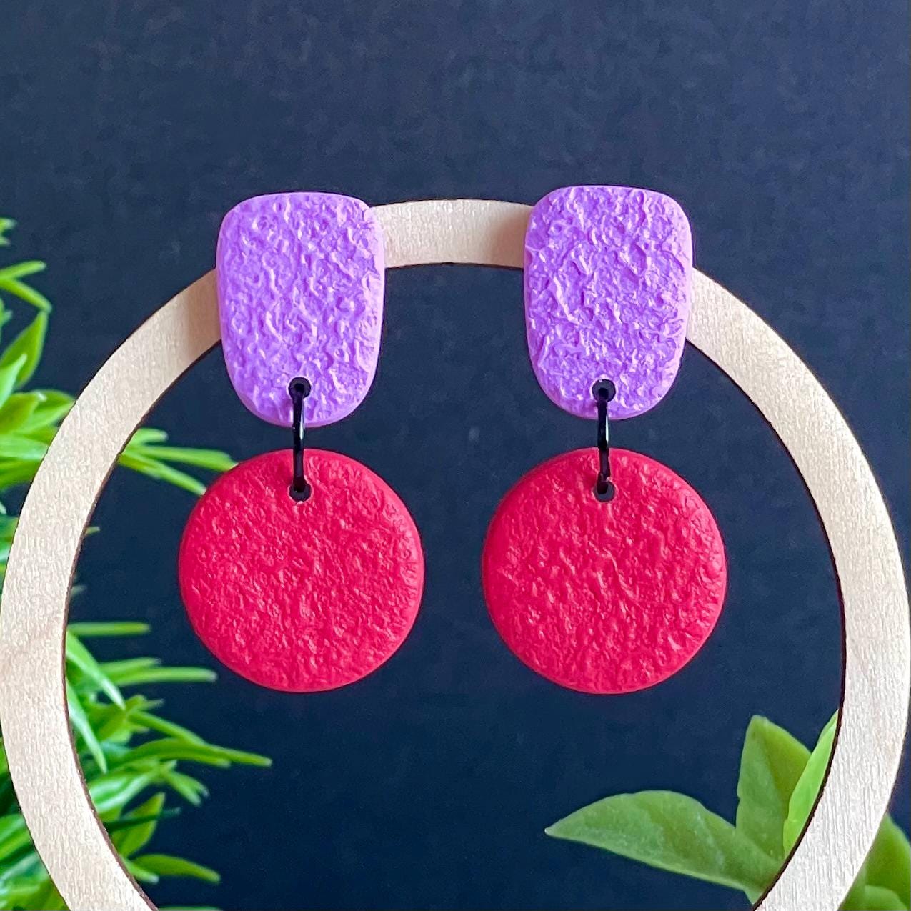 Colour block dangle earrings - lilac & red