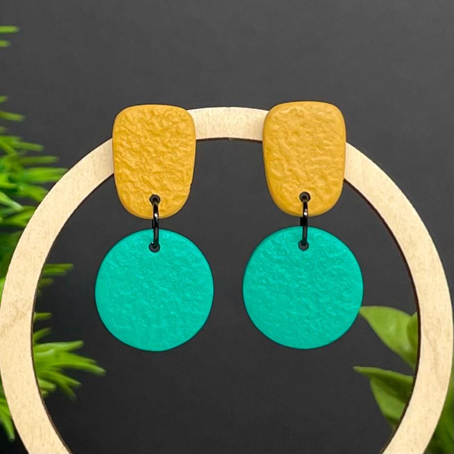 Colour block dangle earrings - mustard yellow & emerald green