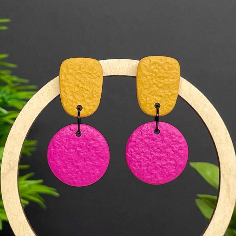 Colour block dangle earrings - mustard yellow & hot pink 