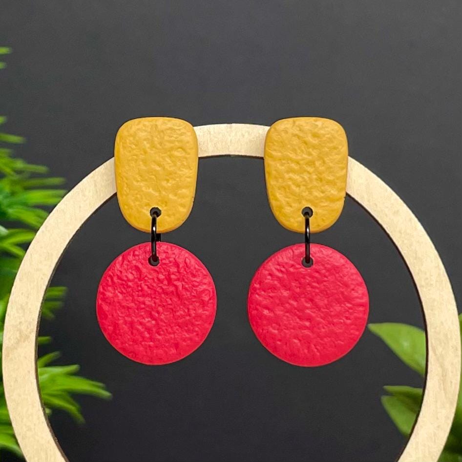 Colour block dangle earrings - mustard yellow & red
