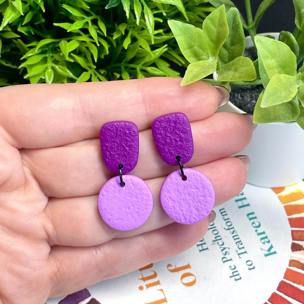 Colour block dangle earrings - purple & lilac hand held
