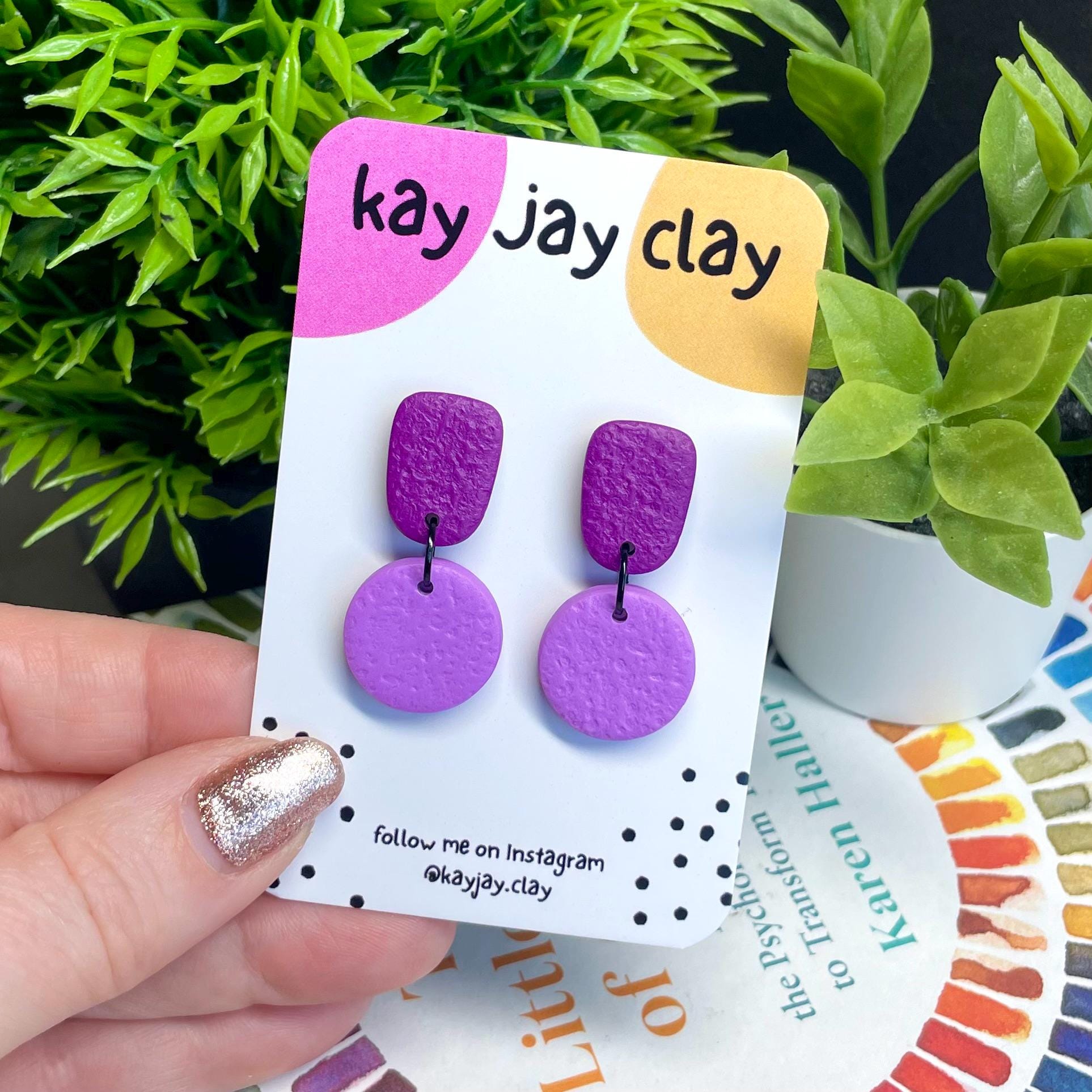 Colour block dangle earrings - purple & lilac on mounting card