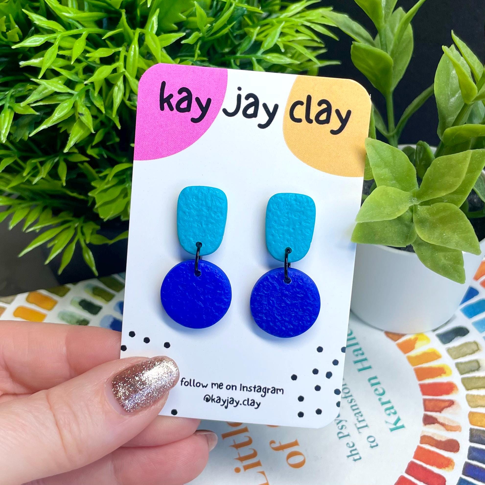 Colour block dangle earrings - turquoise & electric blue on mounting card