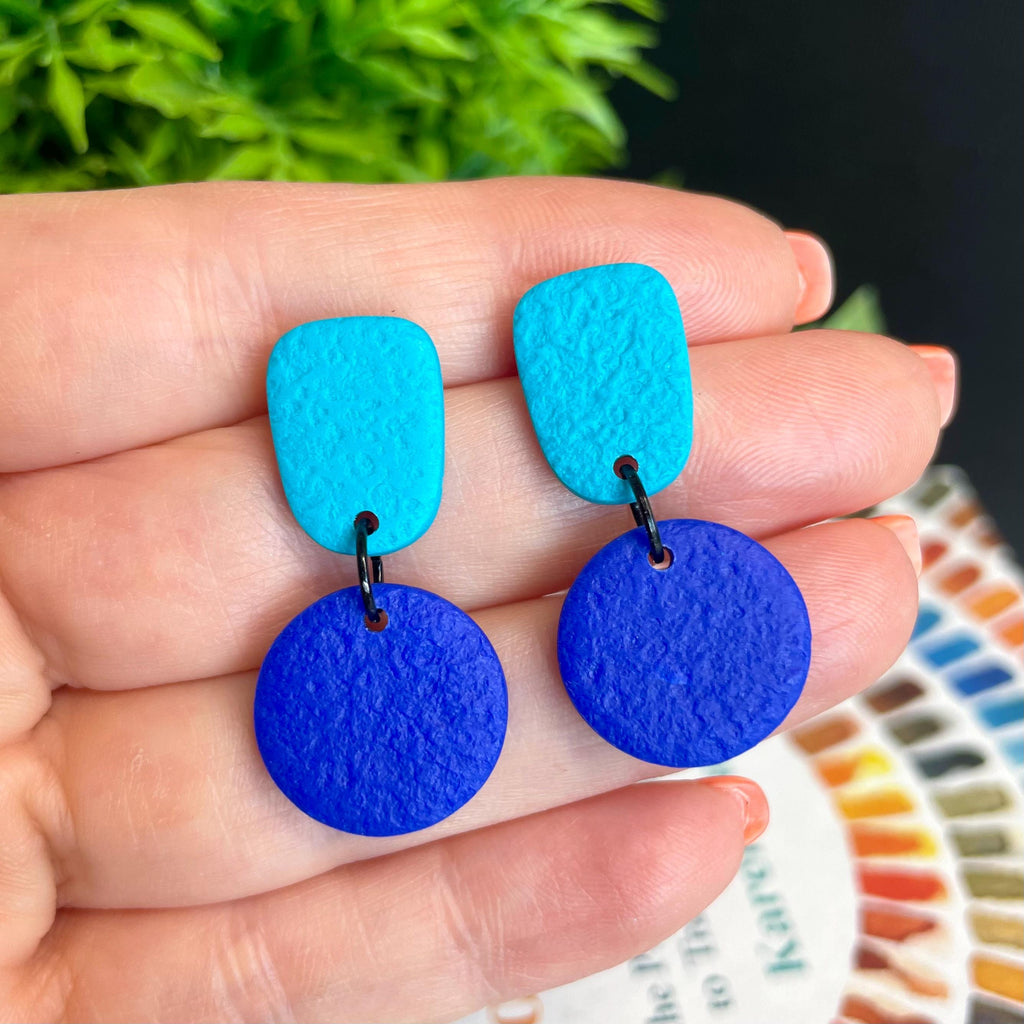 Colour block dangle earrings - turquoise & electric blue hand held