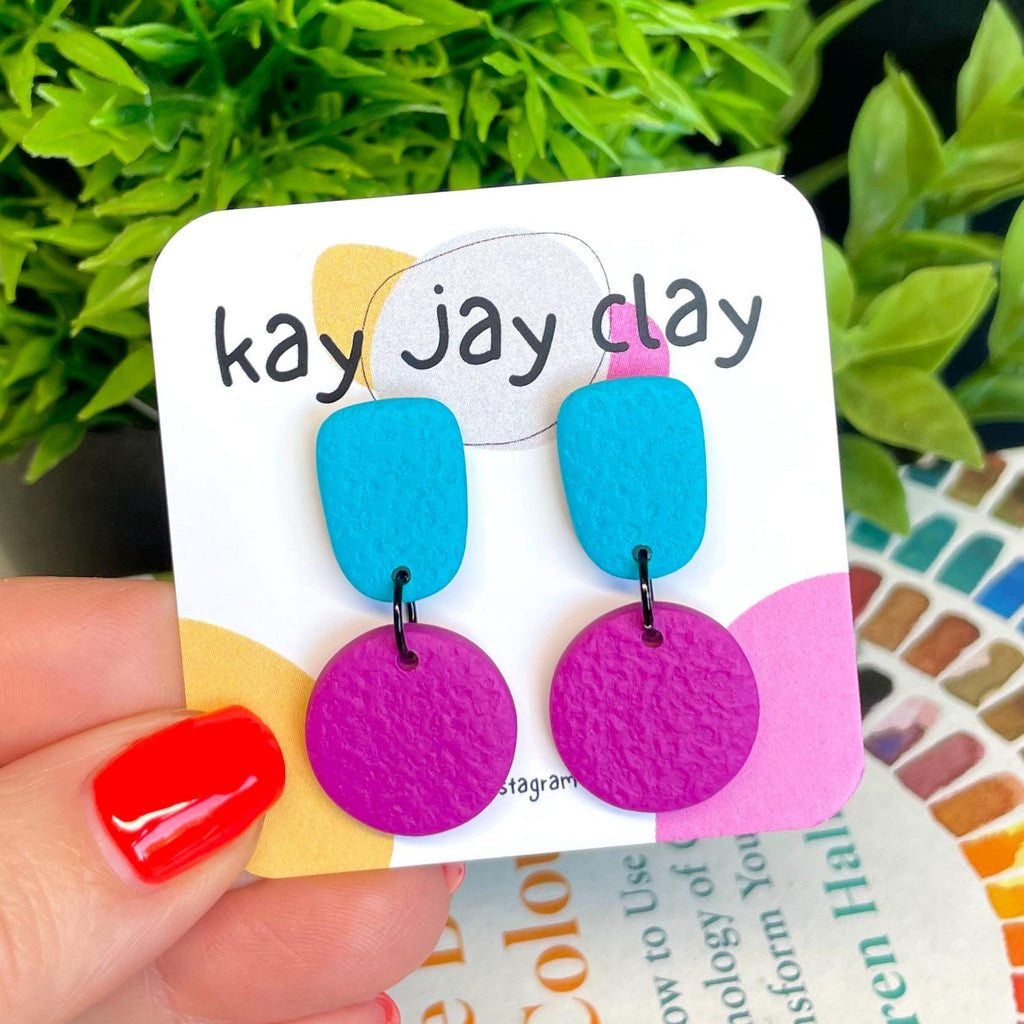 Colour block dangle earrings - turquoise & hot pink on mounting card