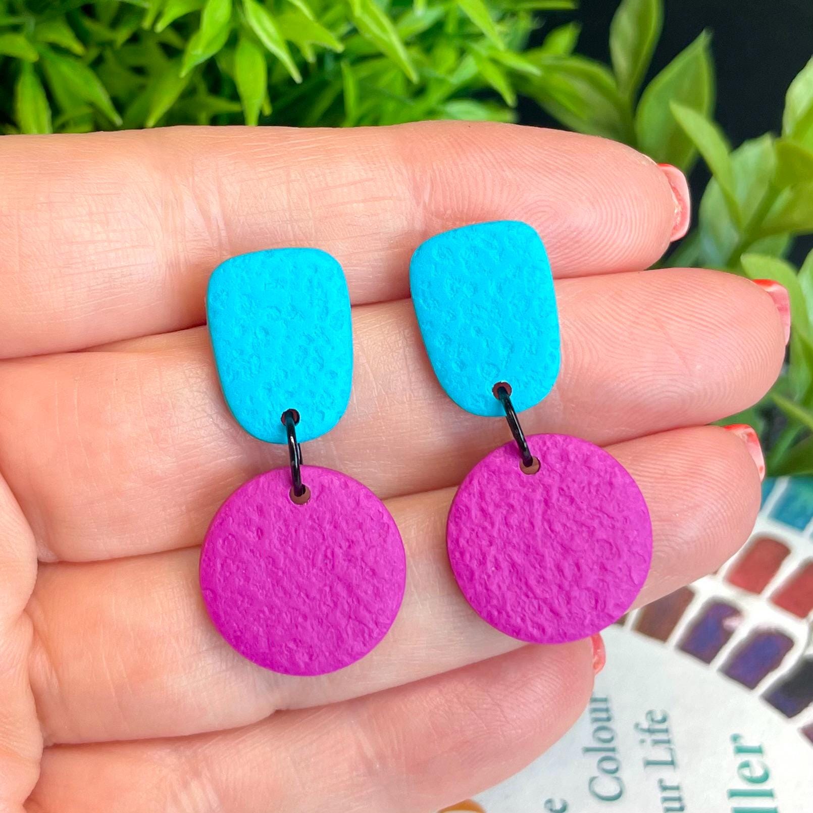 Colour block dangle earrings - turquoise & hot pink hand held