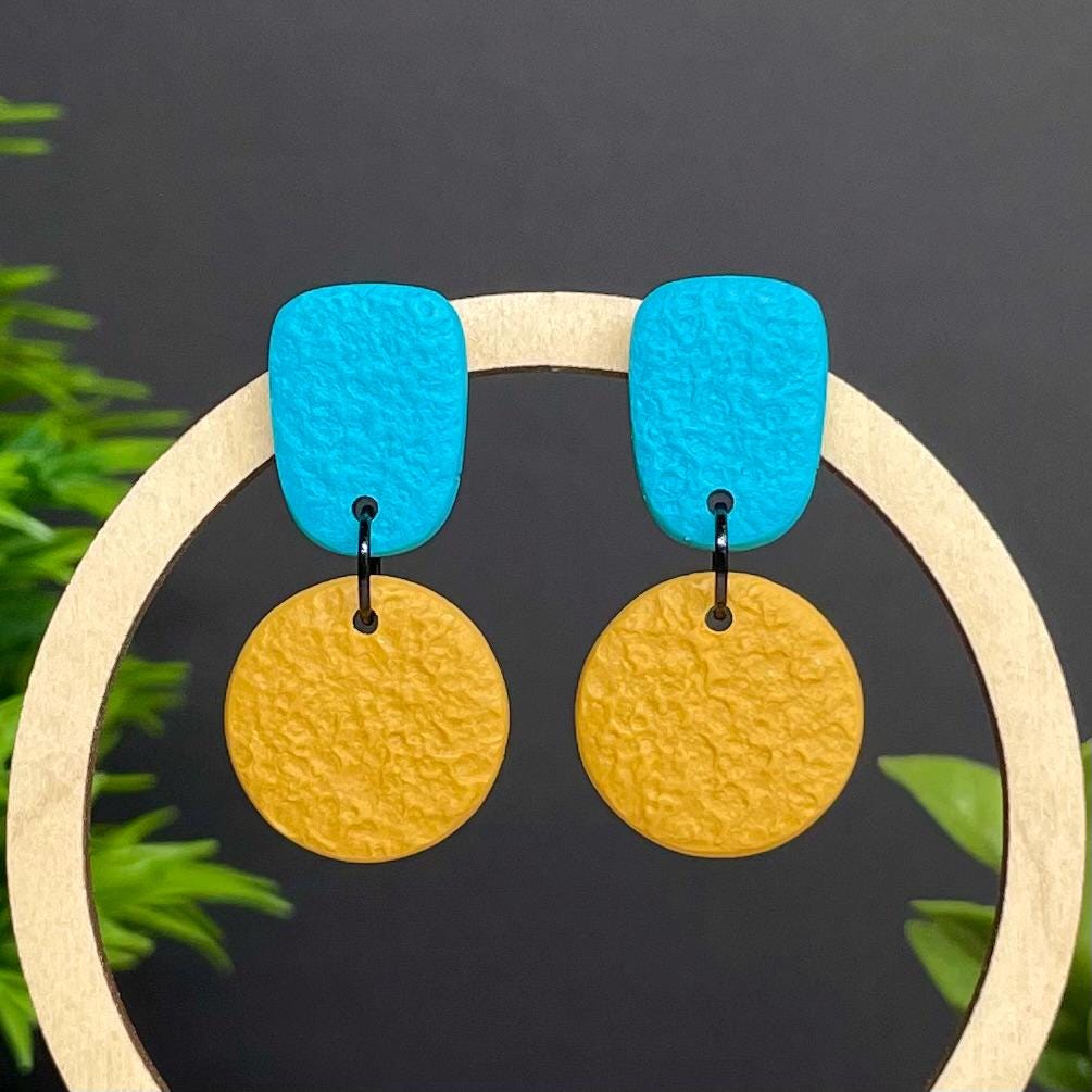 Colour block dangle earrings - turquoise & mustard yellow