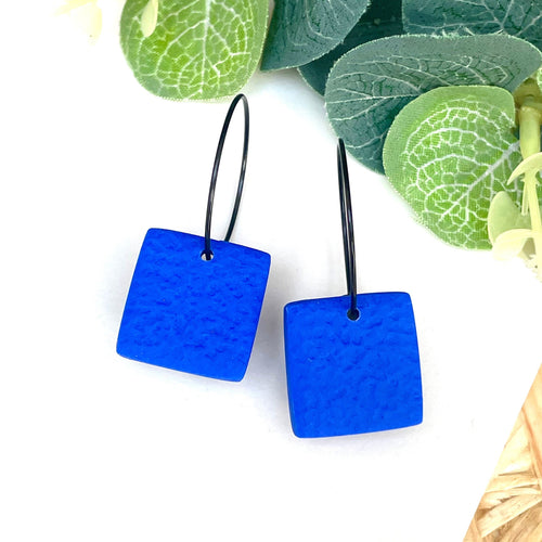 Electric blue square hoop earrings