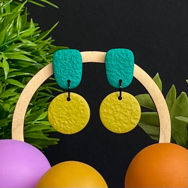 Emerald & Pistachio Green colour pop dangle earrings on hoop display prop