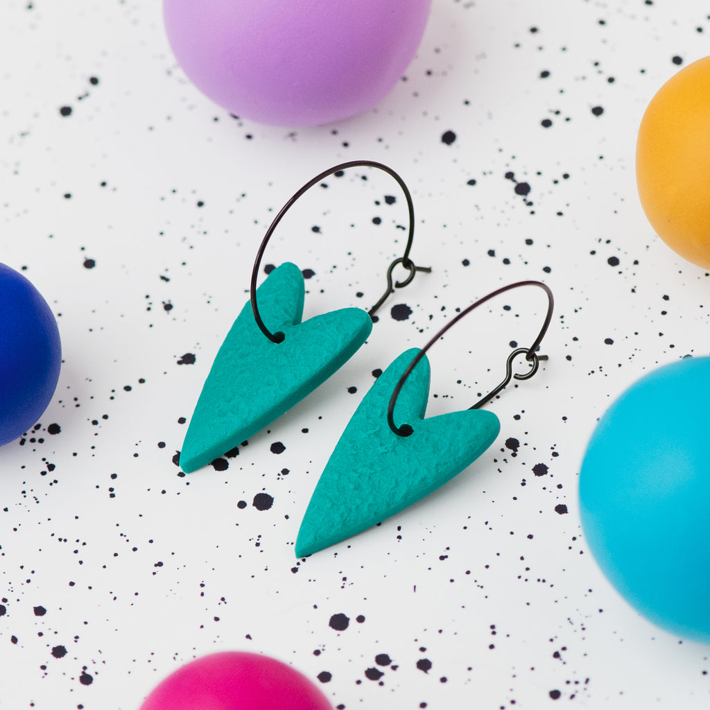 Handmade polymer clay emerald green heart hoop earrings