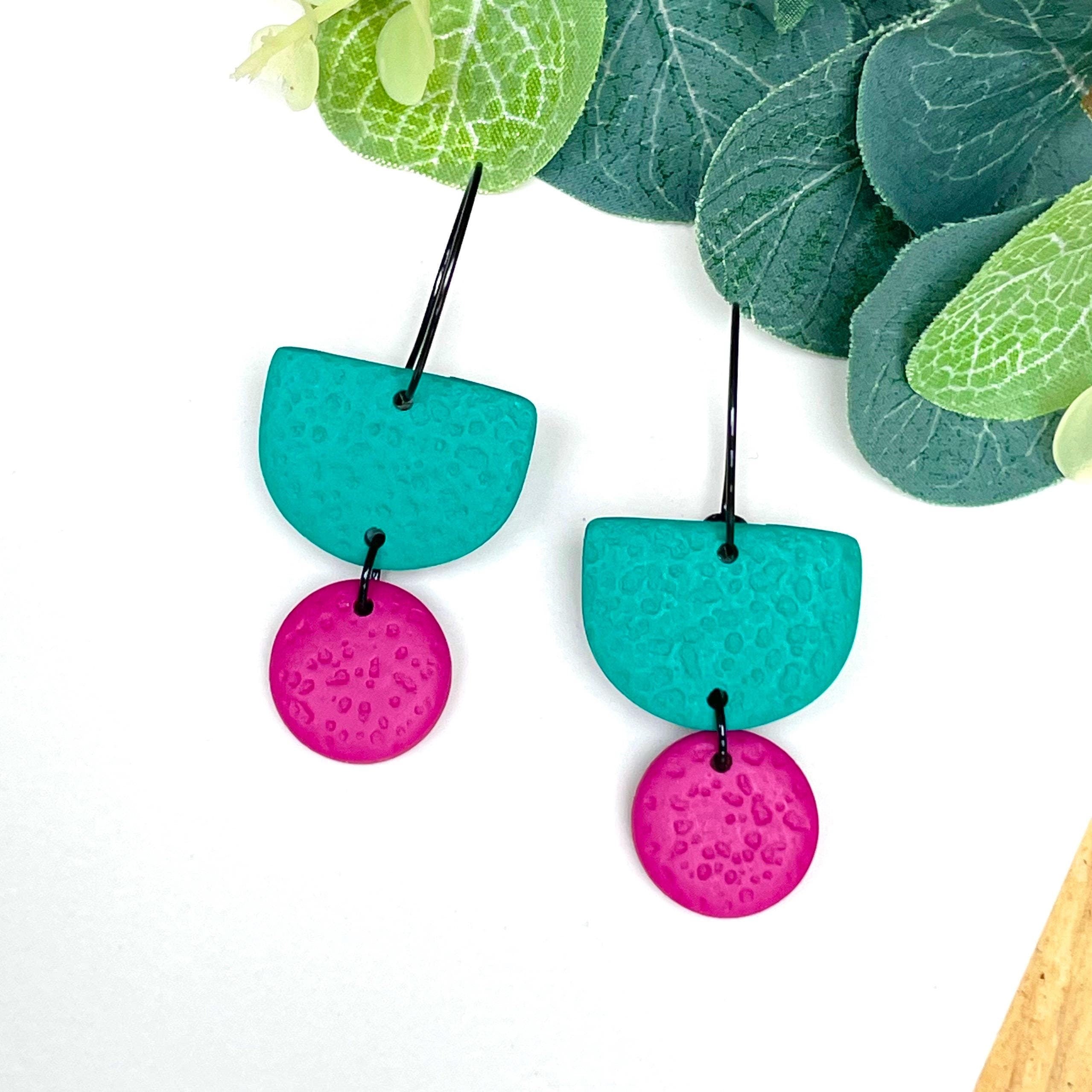 Emerald green & hot pink hoop earrings with black hoops