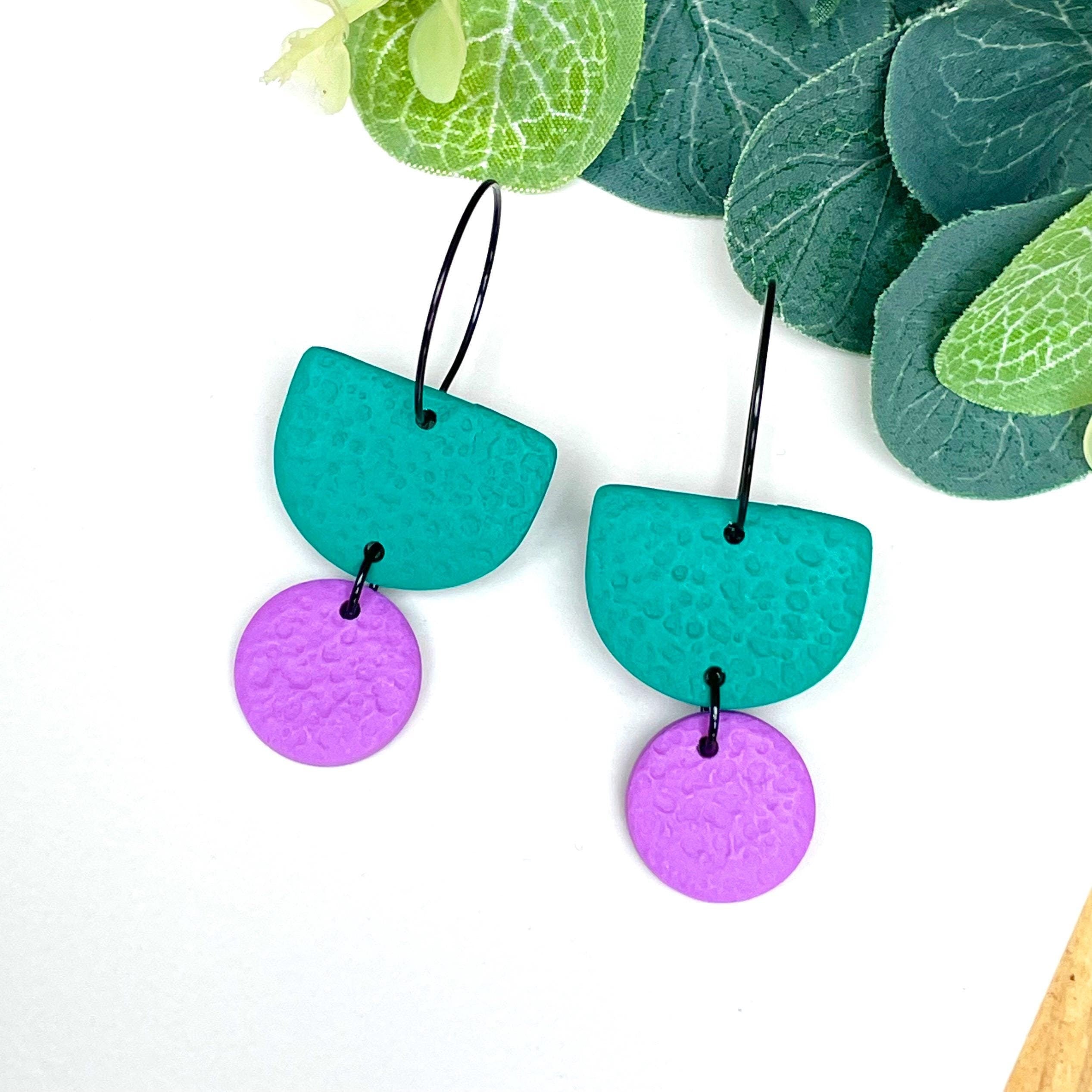 Emerald green & lilac hoop earrings with black hoops