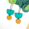 Emerald green & mustard yellow hoop earrings with black hoops