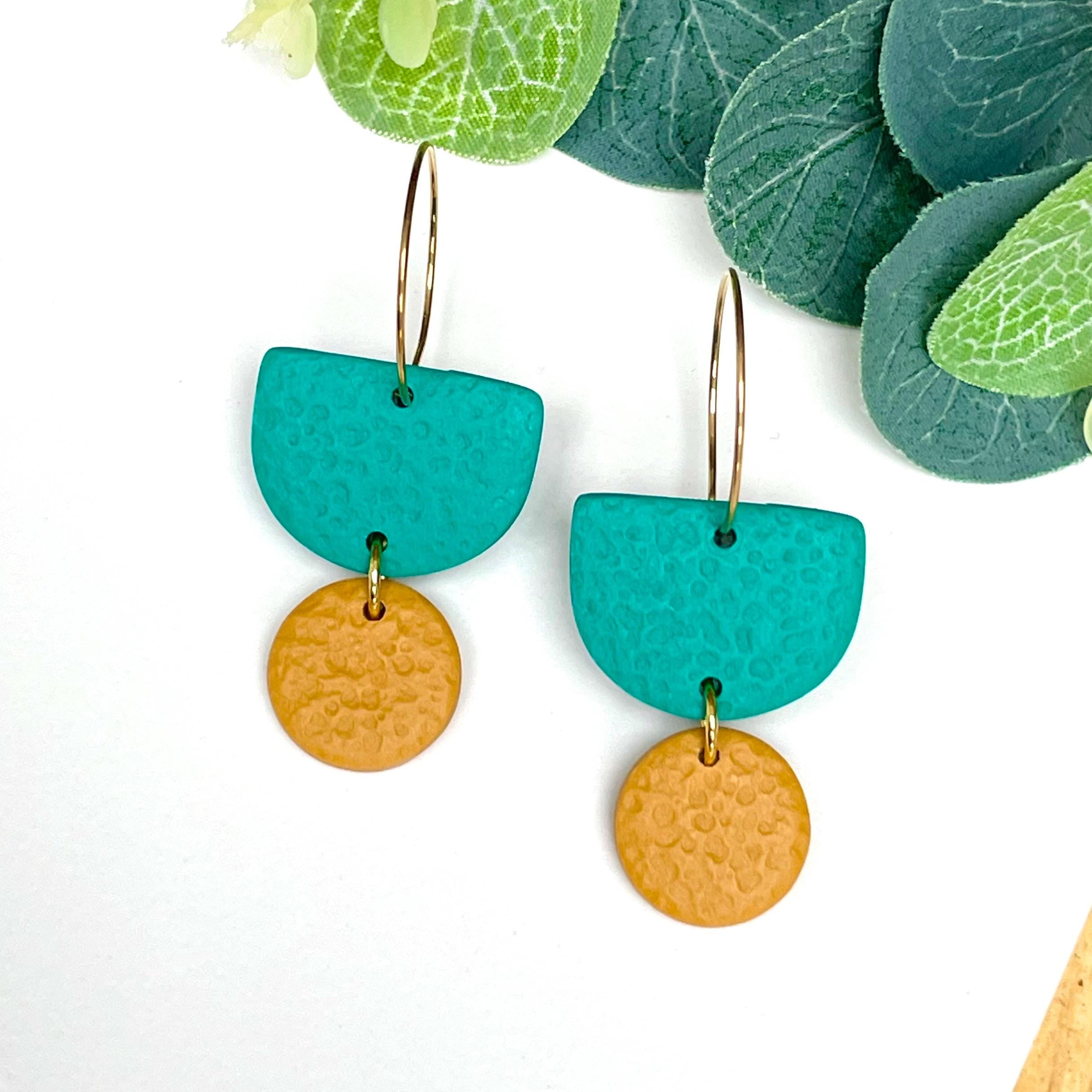 Emerald green & mustard yellow hoop earrings with gold hoops