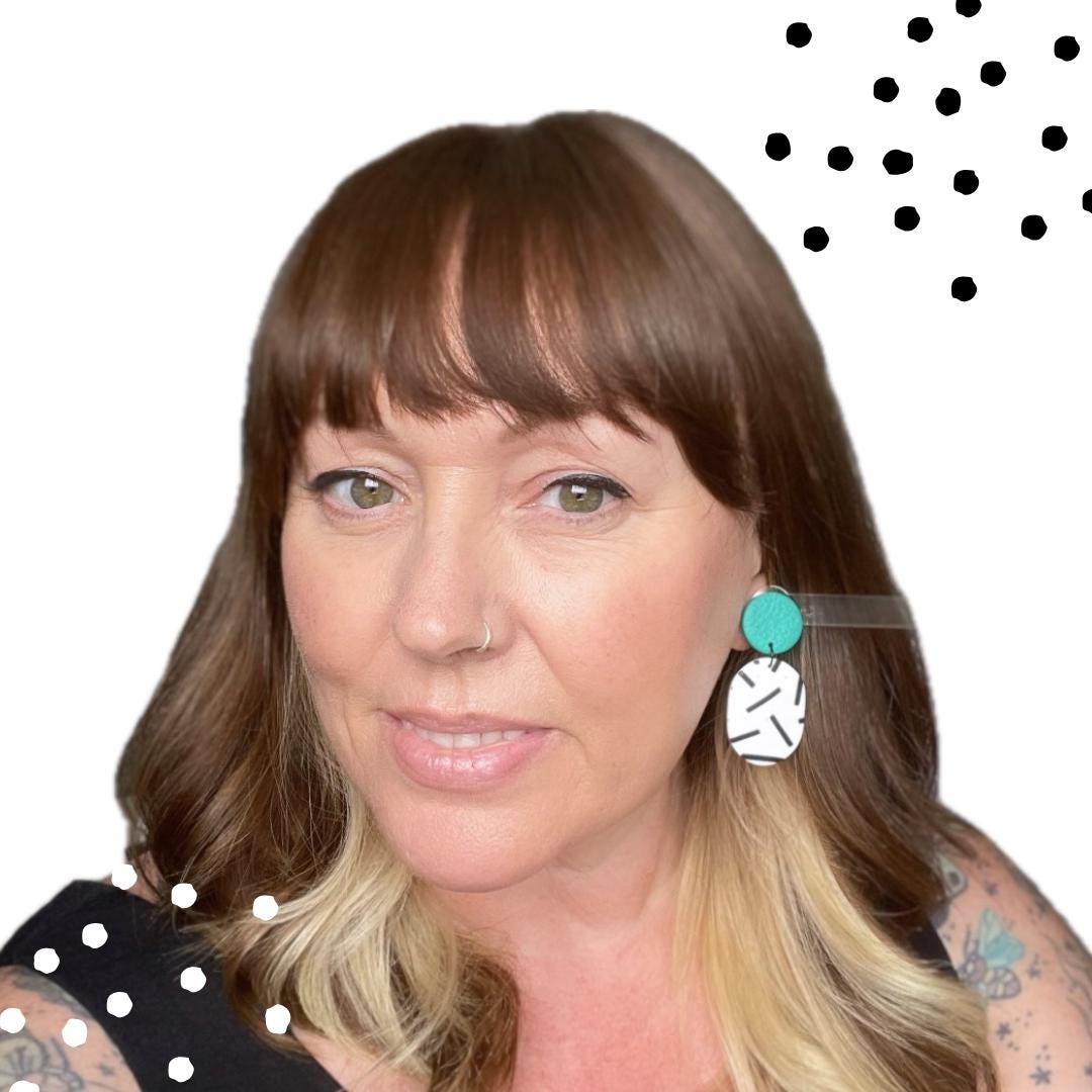 Try on picture of Kerry from Kay Jay Clay wearing the emerald green top & monochrome sprinkle oval bottom earrings for size reference
