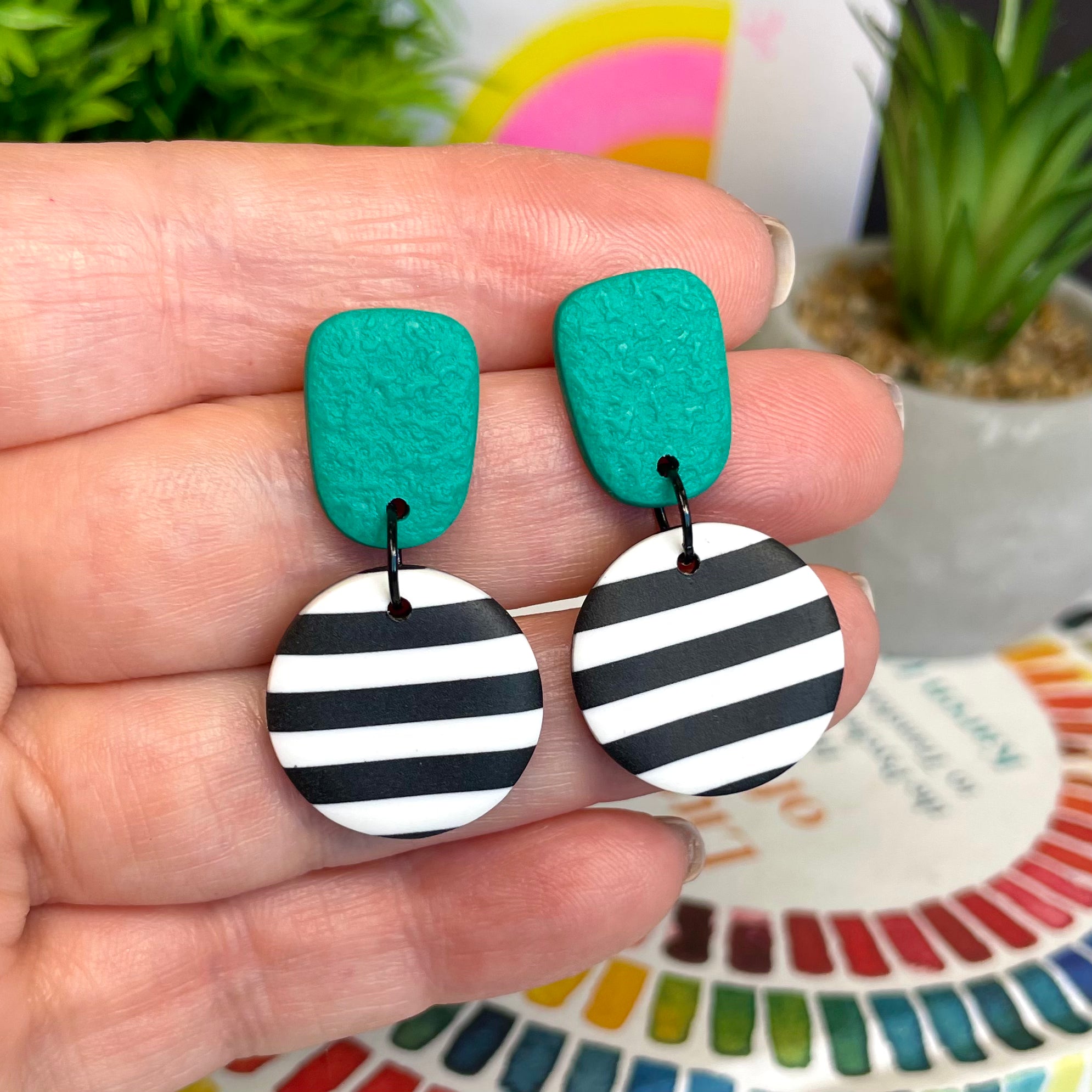 Emerald Green with Black & White Stripe Dangles