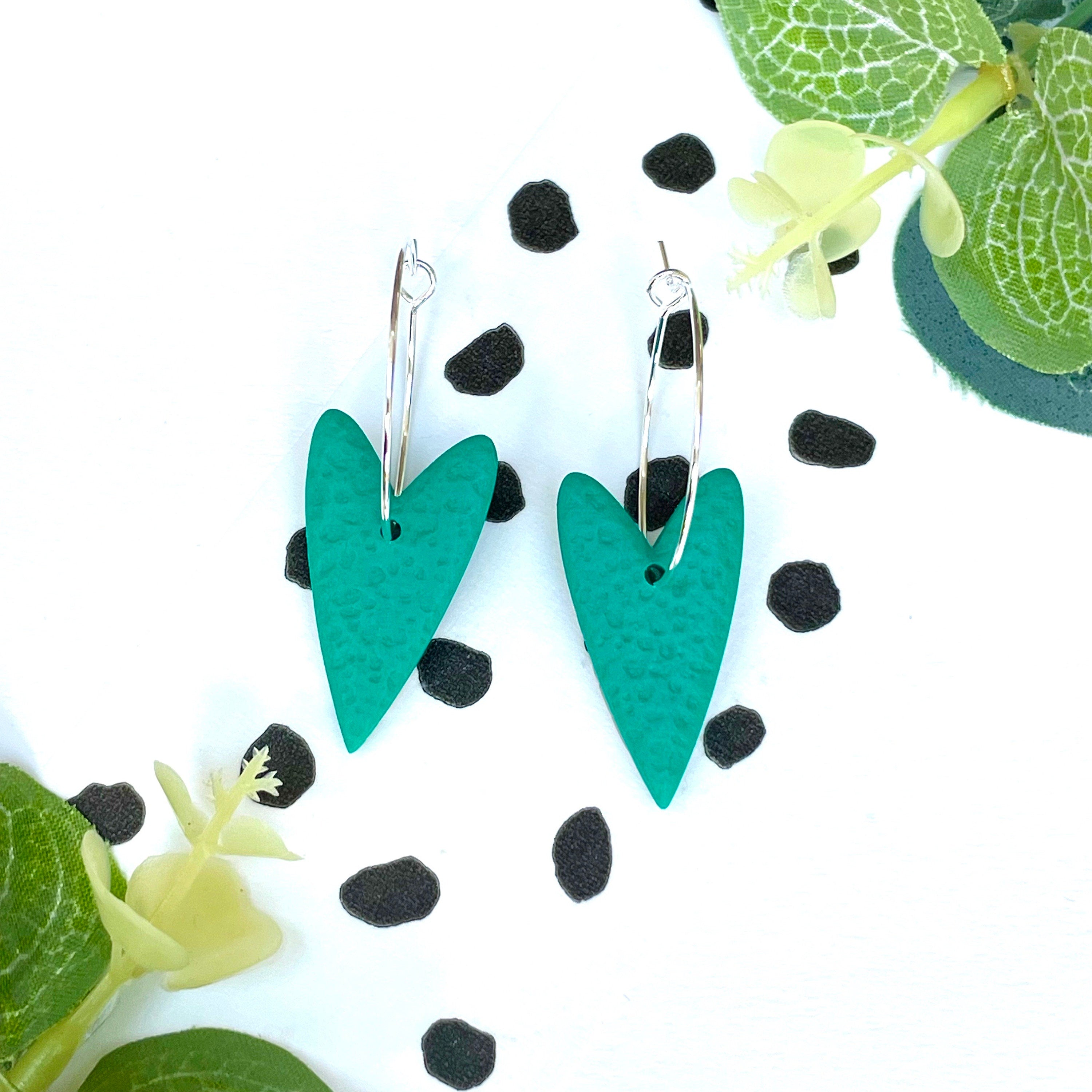 Emerald green polymer clay heart hoop earrings on a silver colour hoop