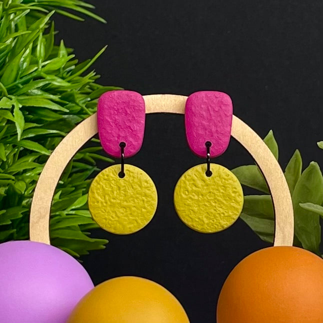 Hot Pink & Pistachio Green colour pop dangle earrings on hoop display prop