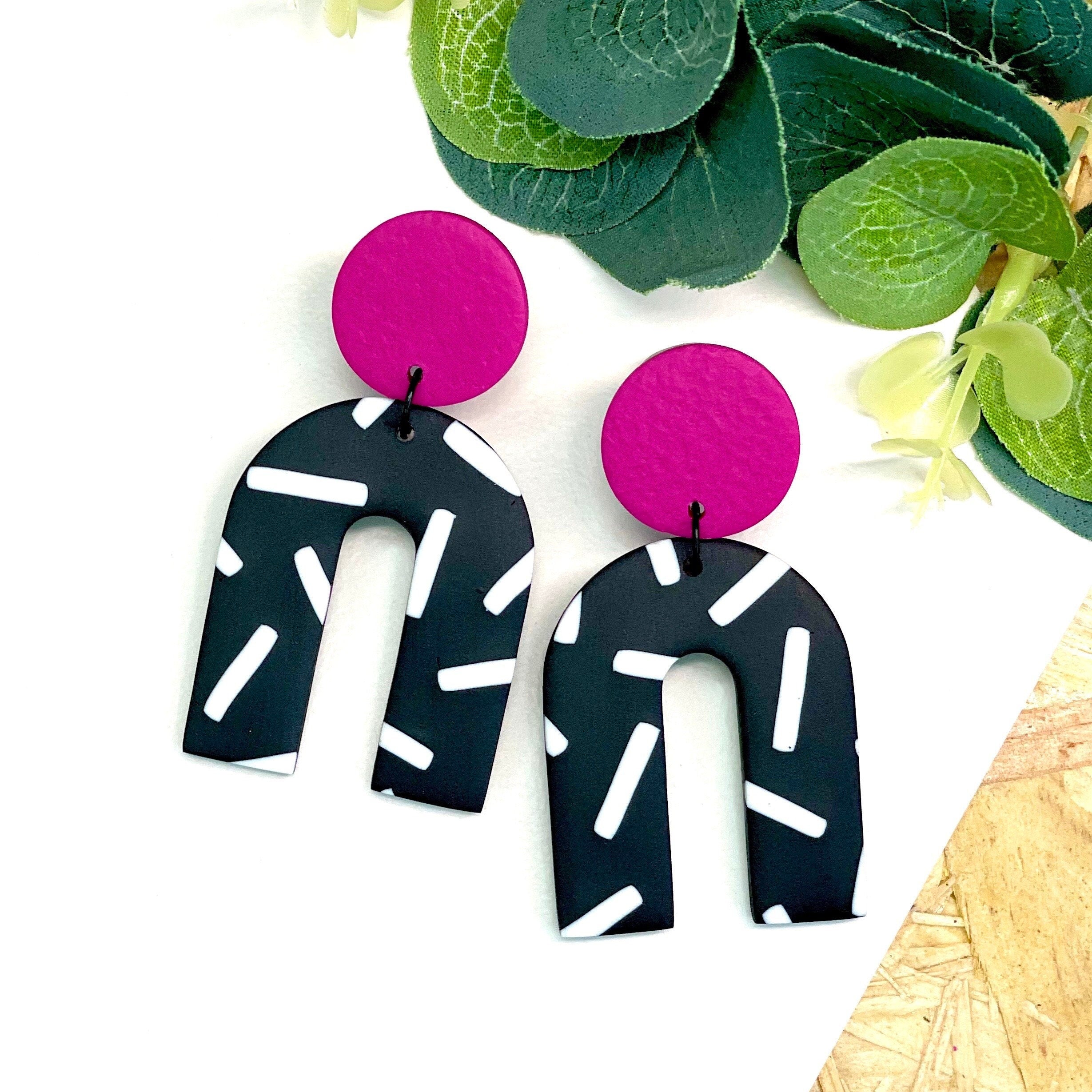 Hot pink and monochrome sprinkles arch dangle earrings