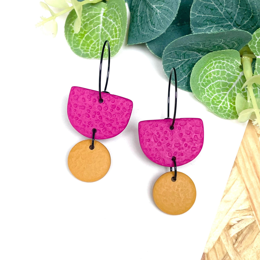 Hot pink & mustard yellow hoop earrings with black hoops 