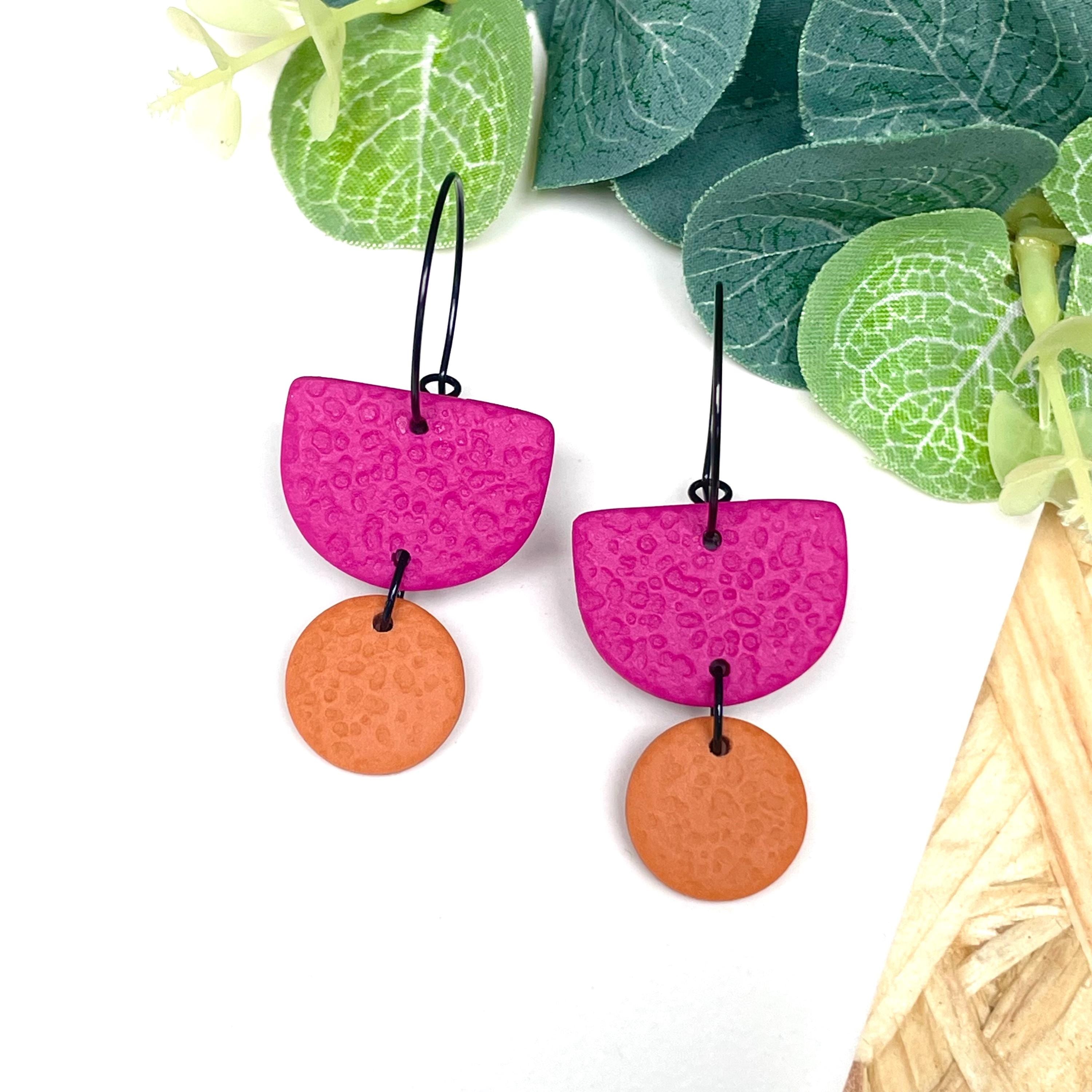 Hot pink & orange hoop earrings with black hoops