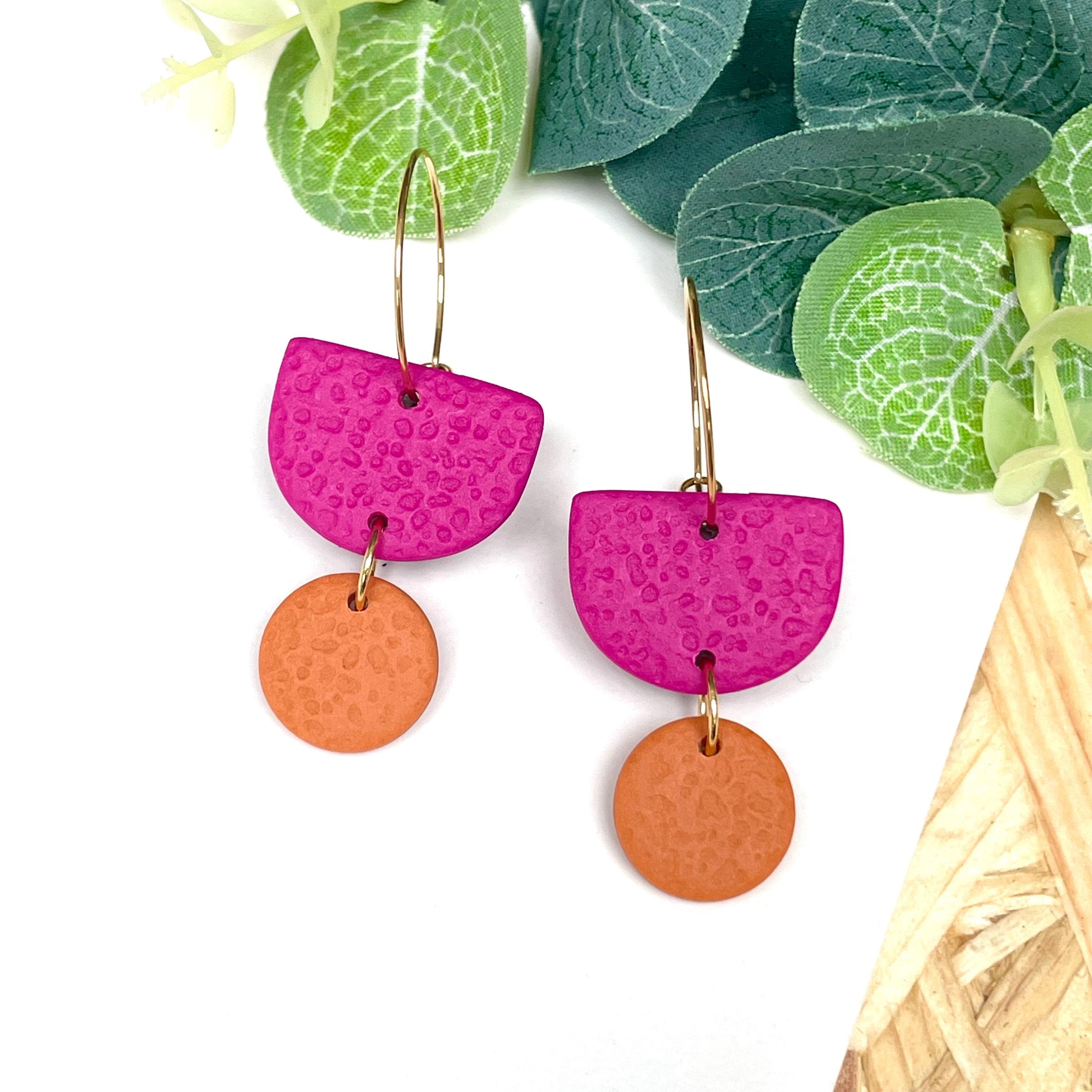 Hot pink & orange hoop earrings with gold hoops 