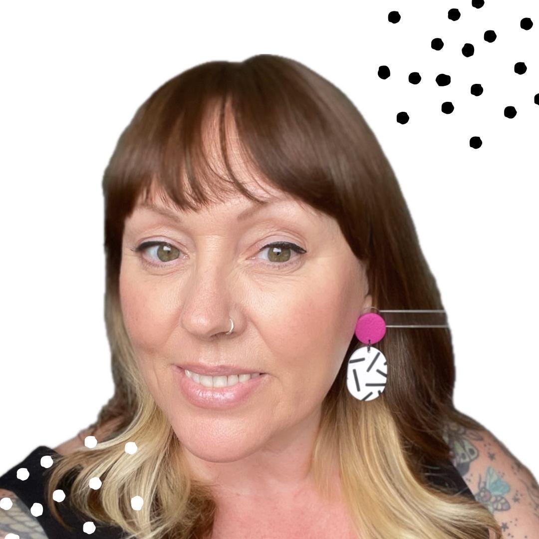 Try on picture of Kerry from Kay Jay Clay wearing the hot pink top & monochrome sprinkle oval bottom earrings for size reference