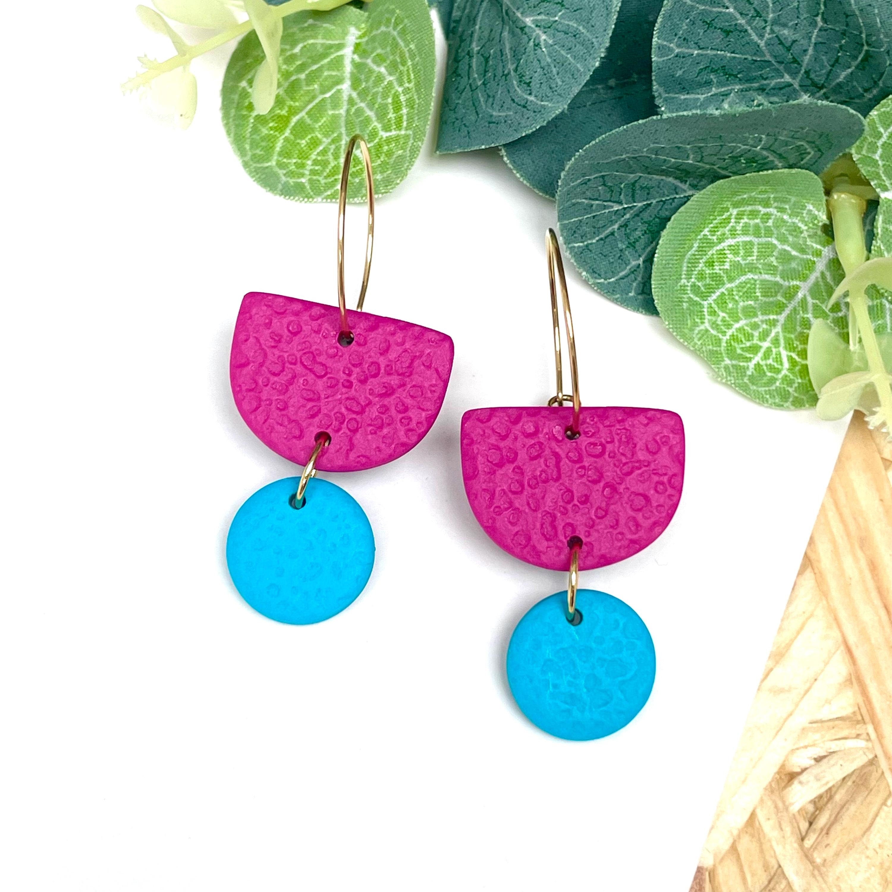 Hot pink & turquoise hoop earrings with gold hoops 