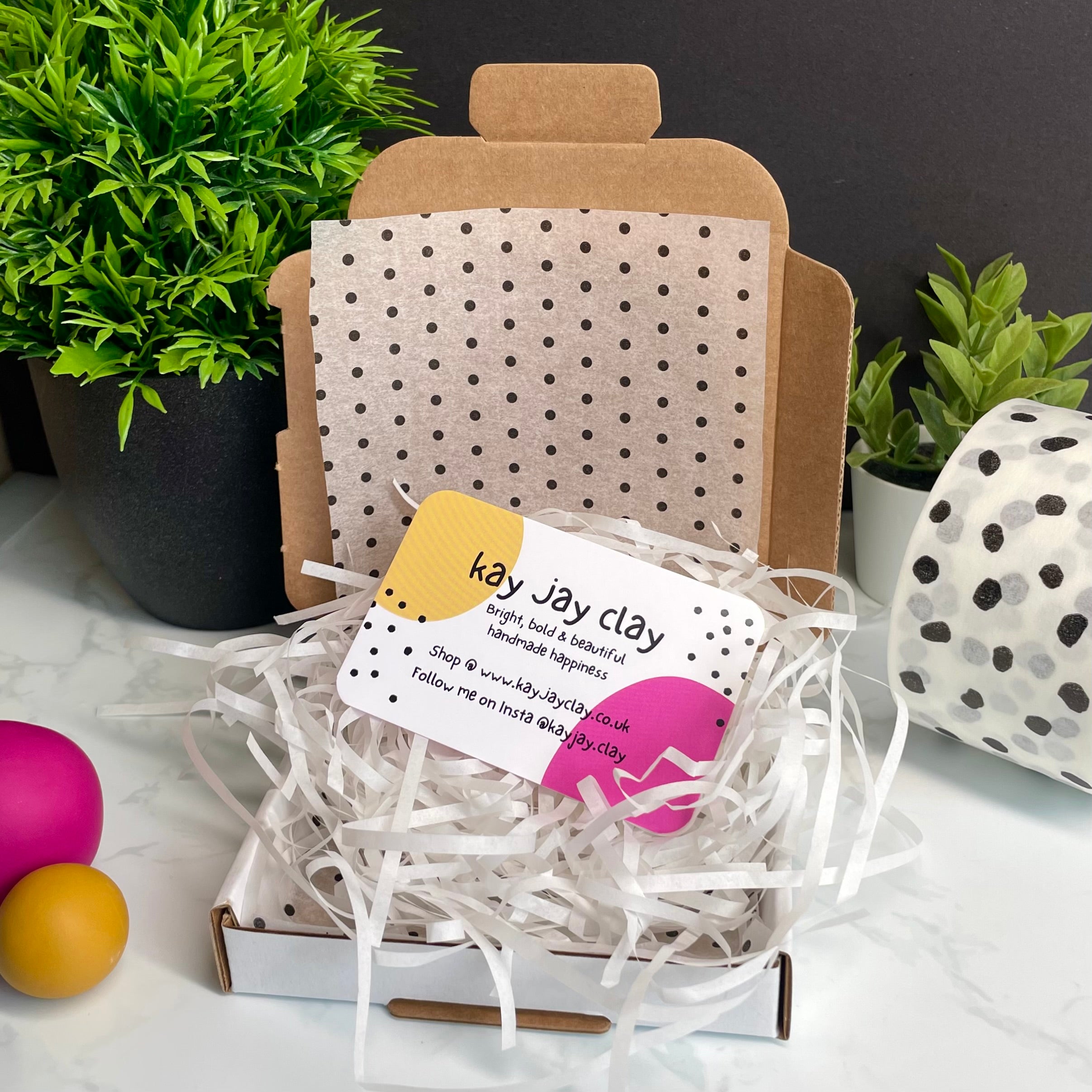 Kay Jay Clay handmade polymer clay earrings in gift packaging