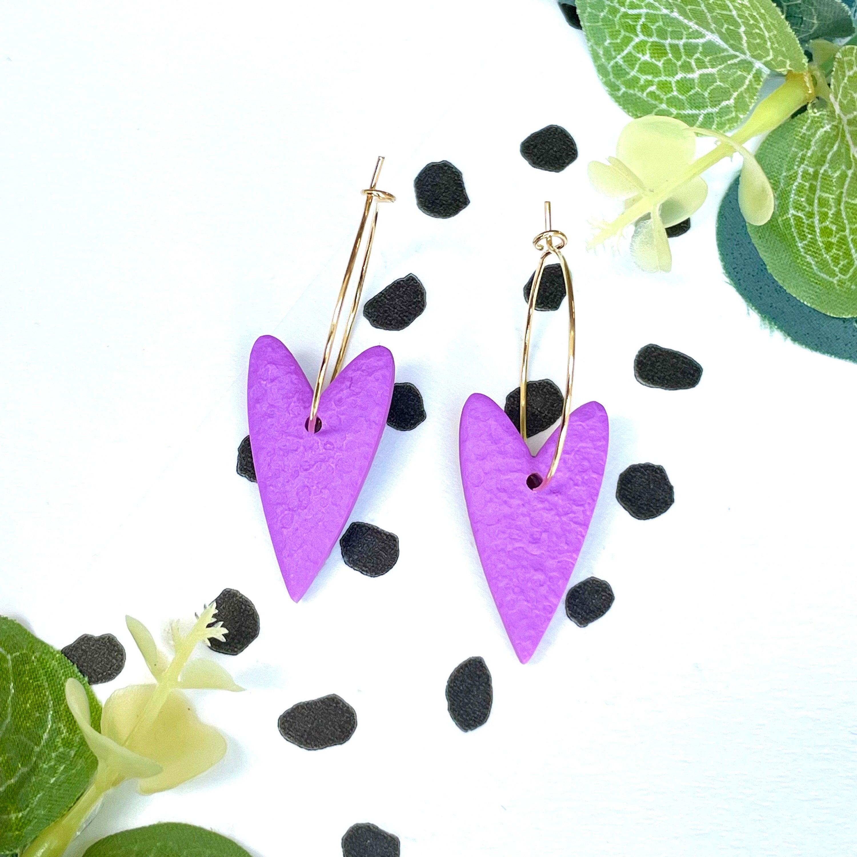 Lilac heart hoop earrings on gold colour hypoallergenic hoops
