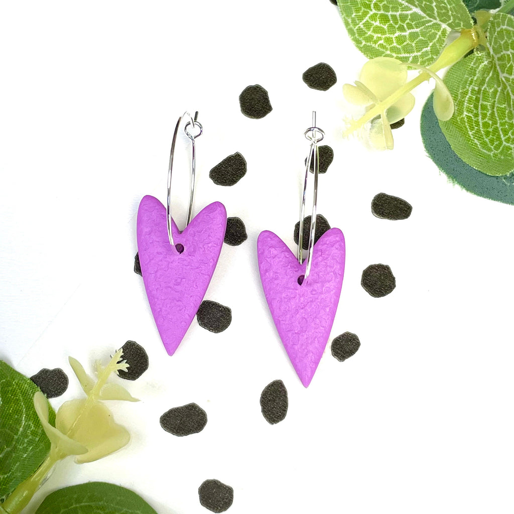 Lilac heart hoop earrings on silver colour hypoallergenic hoops