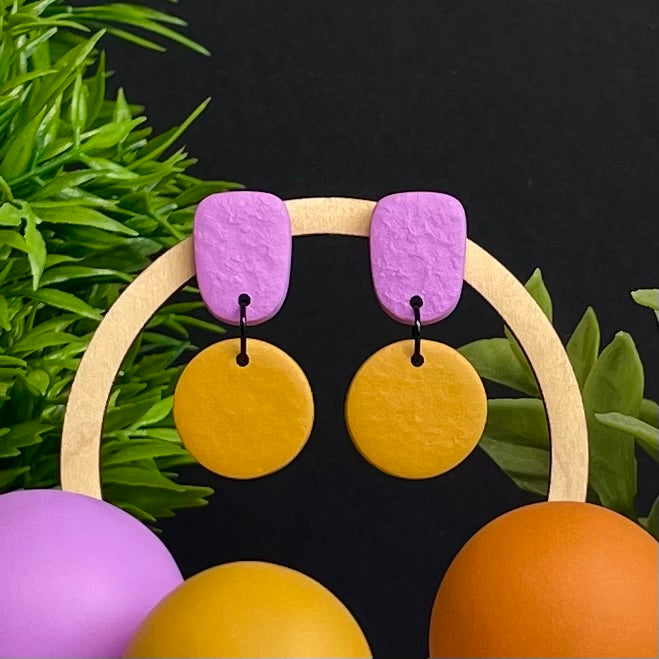 Lilac & Mustard Yellow colour pop dangle earrings on hoop display prop