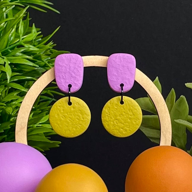 Lilac & Pistachio Green colour pop dangle earrings on hoop display prop
