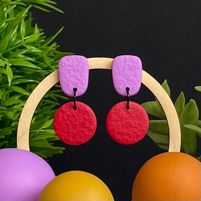 Lilac & Red colour pop dangle earrings on hoop display prop