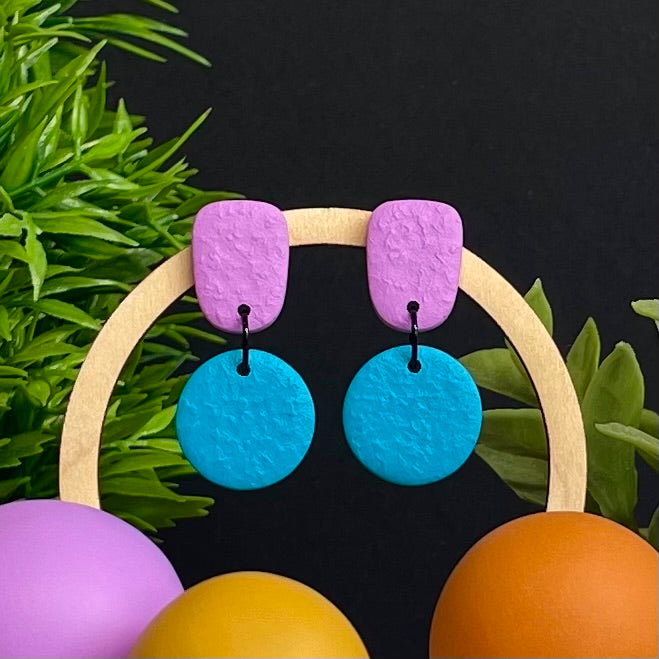 Lilac & Turquoise colour pop dangle earrings on hoop display prop