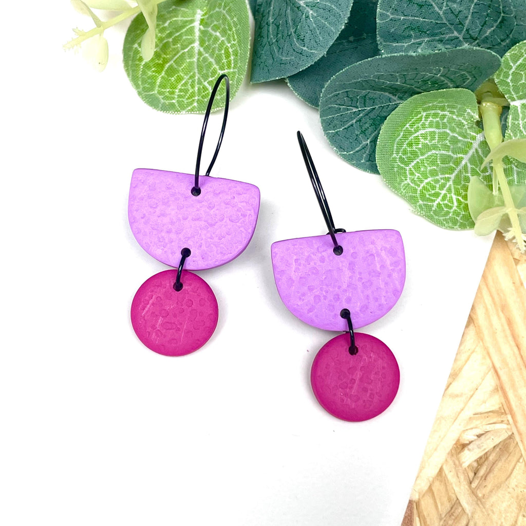 Lilac & hot pink hoop earrings with black hoops 