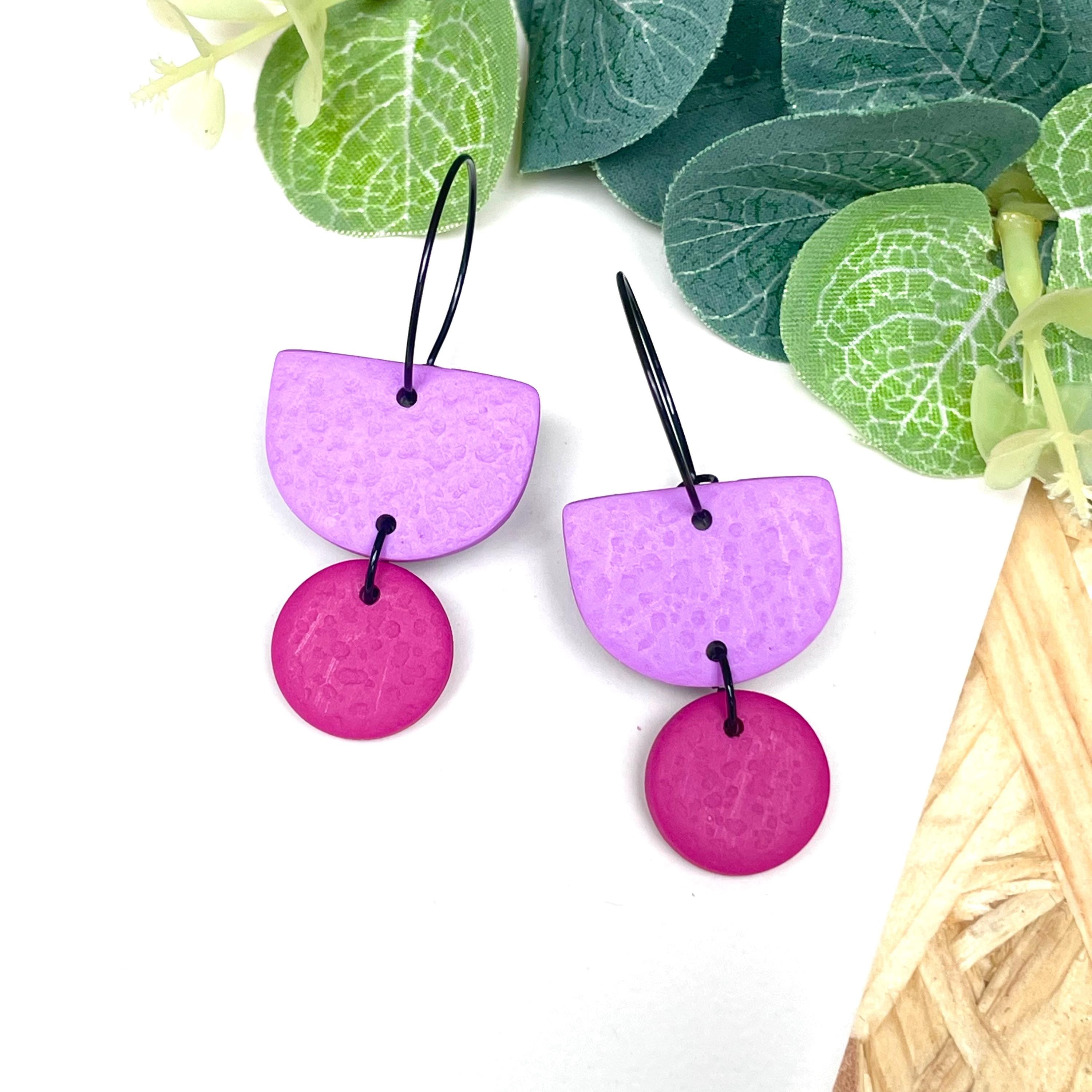 Lilac & hot pink hoop earrings with black hoops 