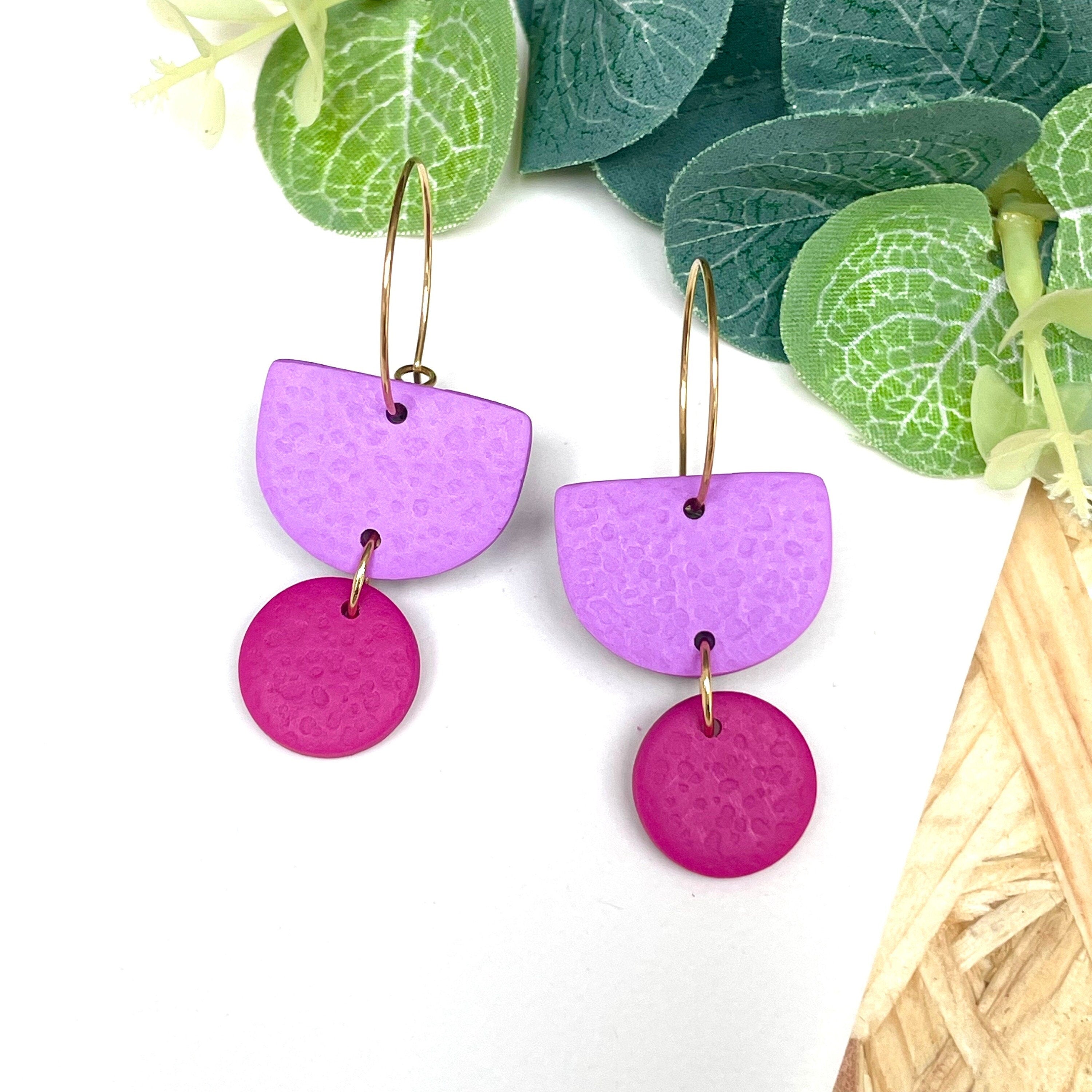Lilac & hot pink hoop earrings with gold hoops 