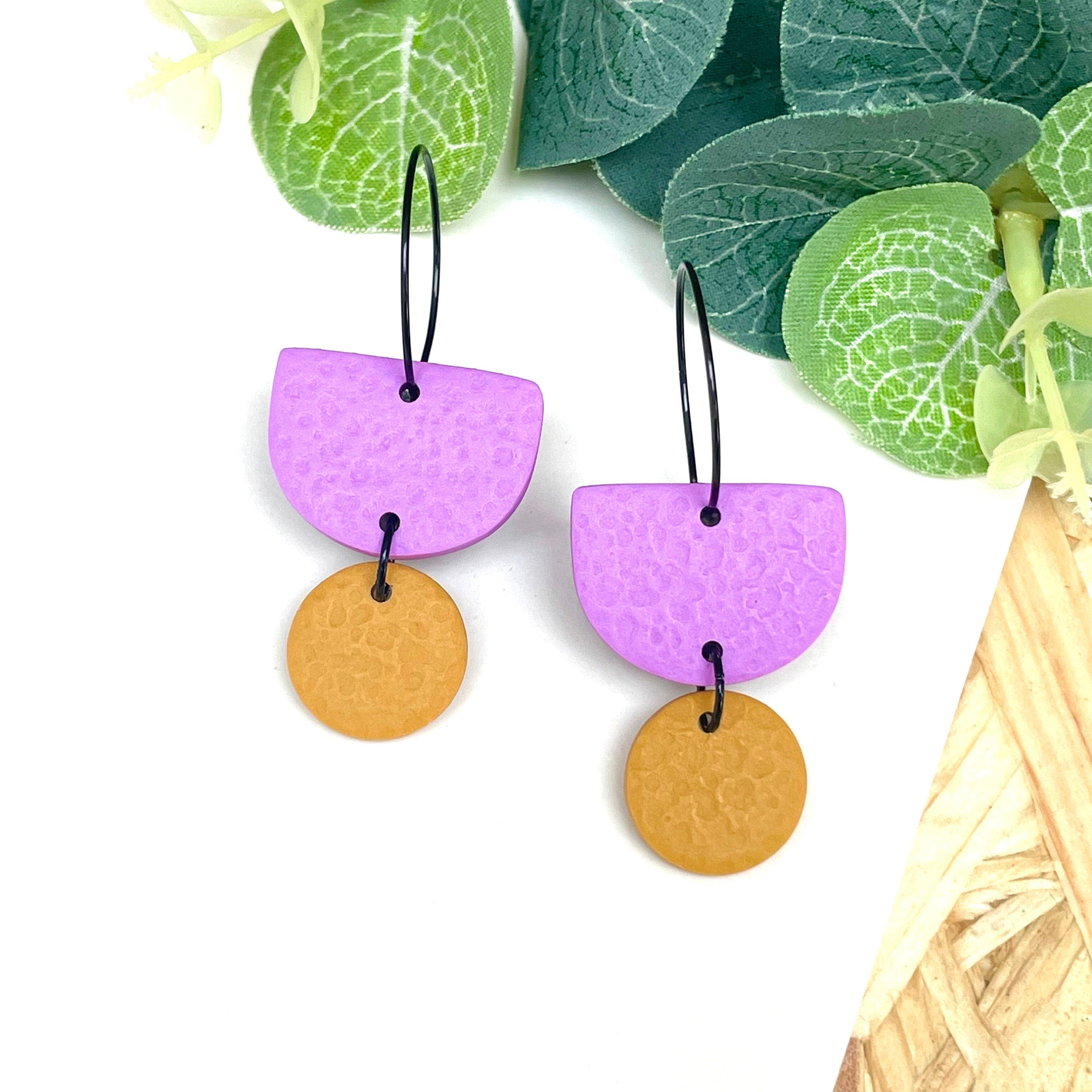 Lilac & mustard yellow hoop earrings with black hoops 