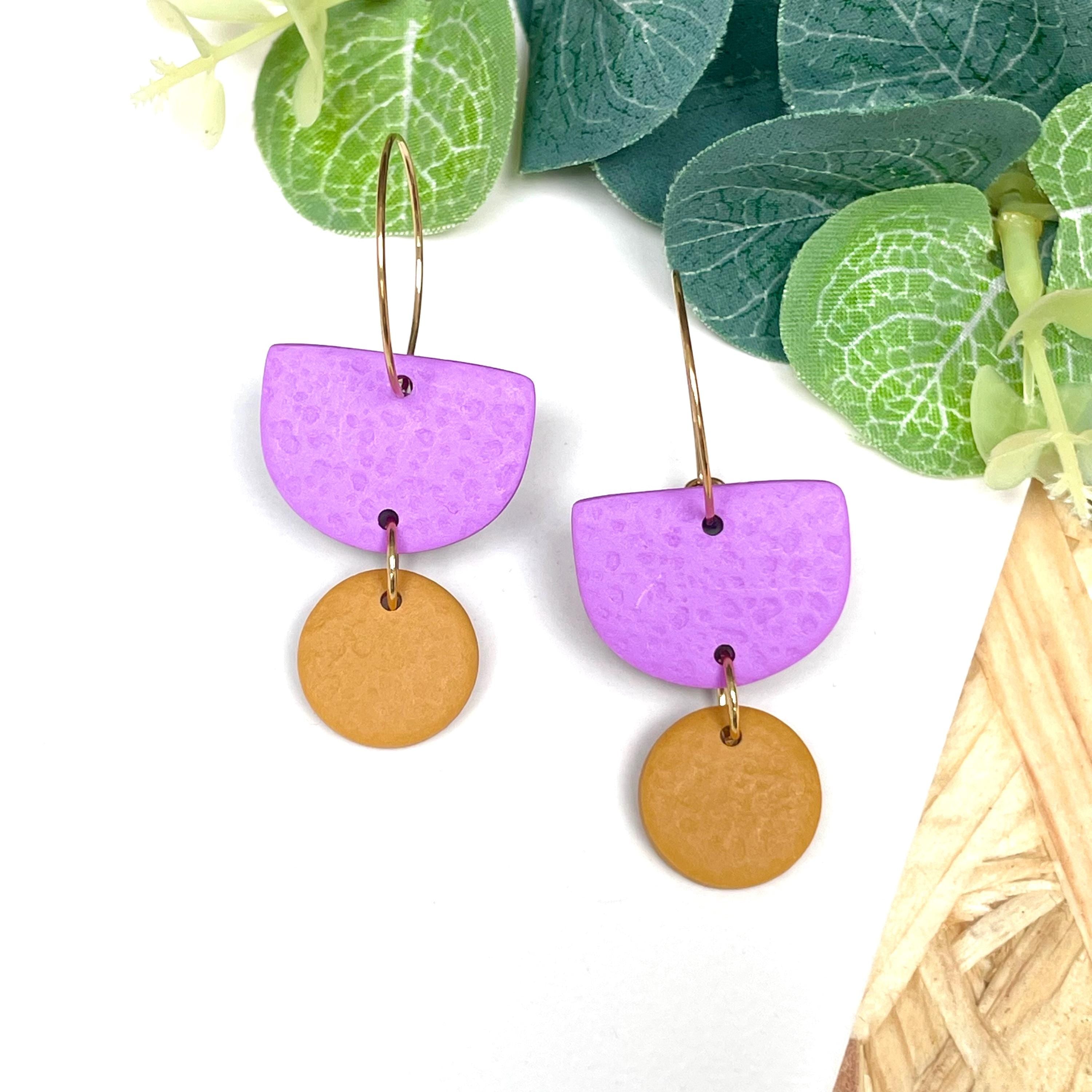 Lilac & mustard yellow hoop earrings with gold hoops 