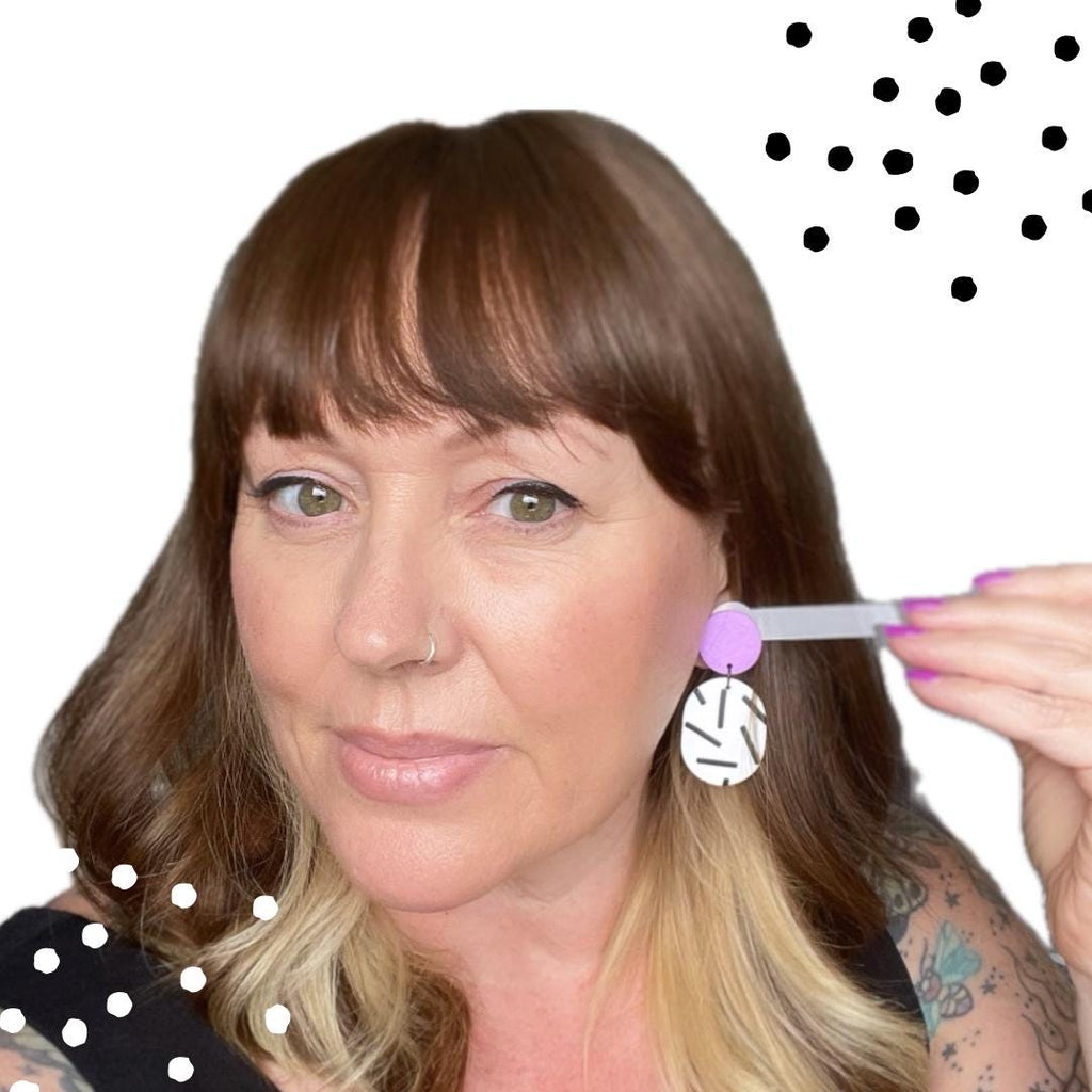 Try on picture of Kerry from Kay Jay Clay wearing the lilac top & monochrome sprinkle oval bottoms earrings for size reference 