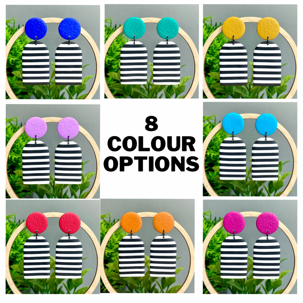 All 8 colour options of the monochrome stripe arch dangle earrings