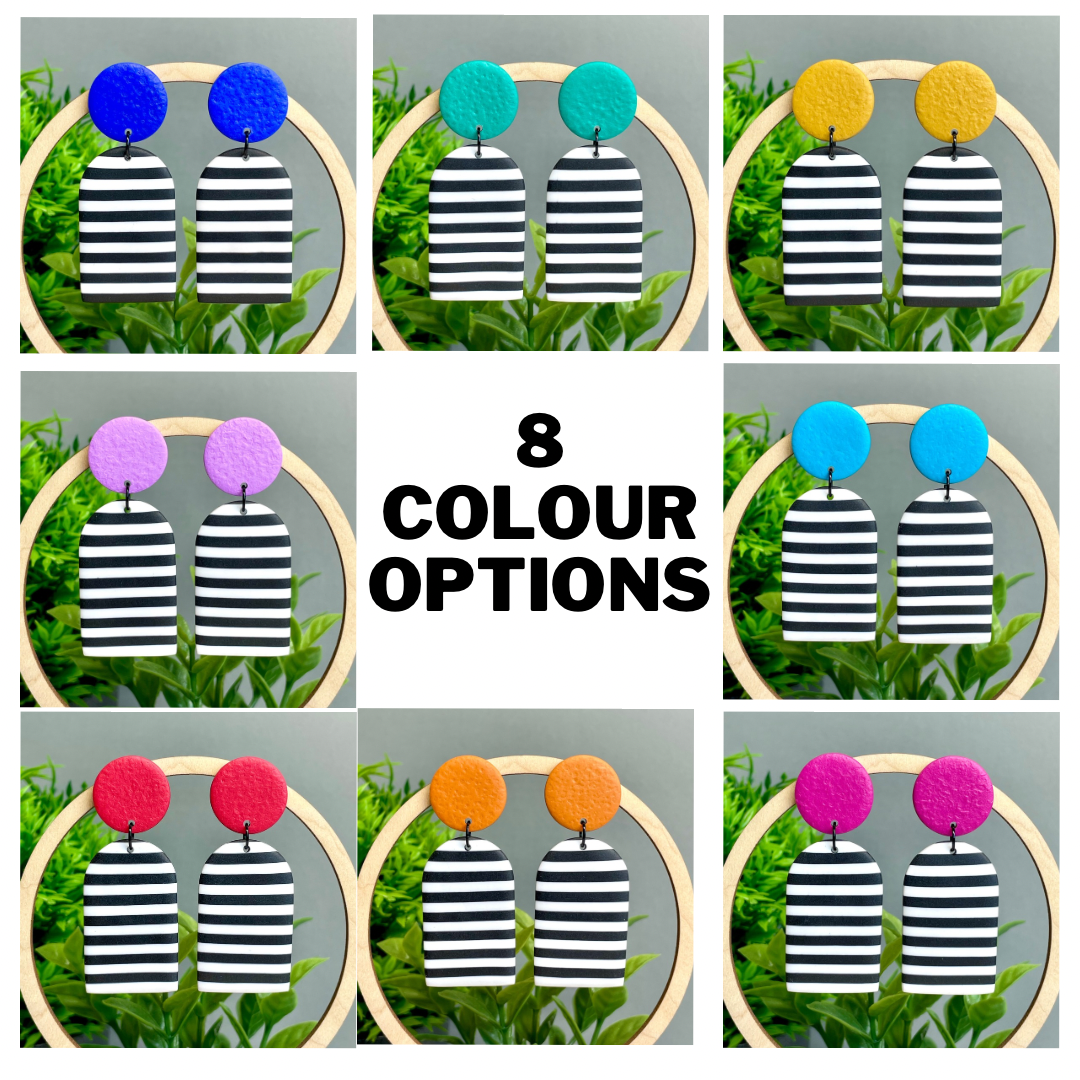 All 8 colour options of the monochrome stripe arch dangle earrings