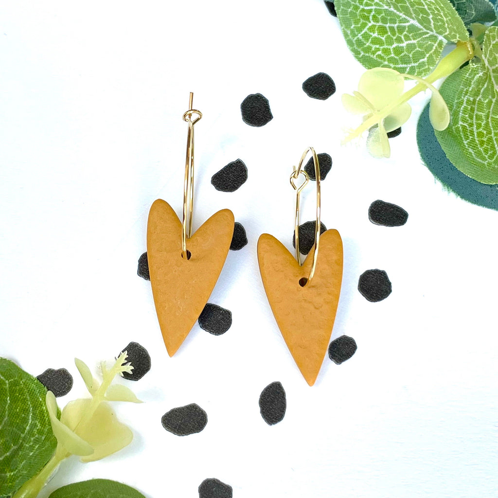 Mustard yellow heart earrings on gold colour hypoallergenic hoops