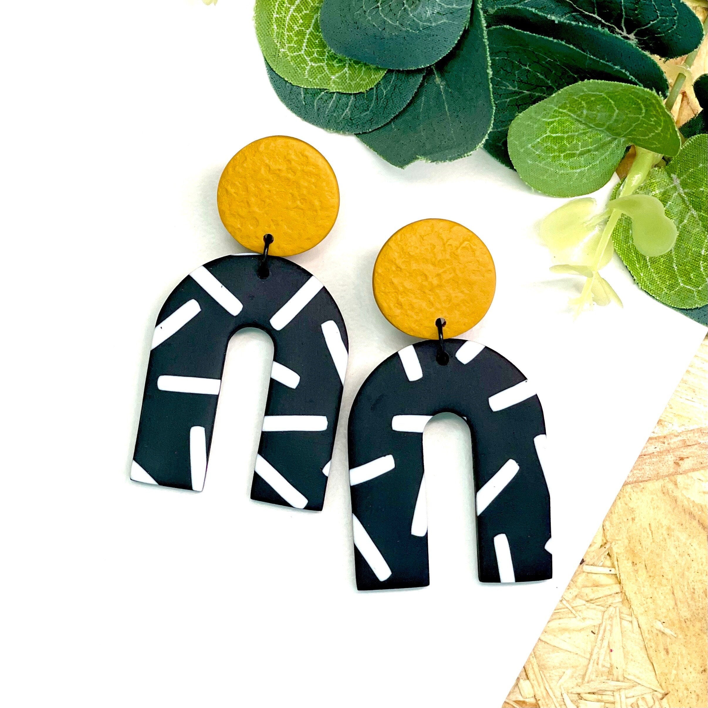 Mustard Yellow and monochrome sprinkles arch dangle earrings
