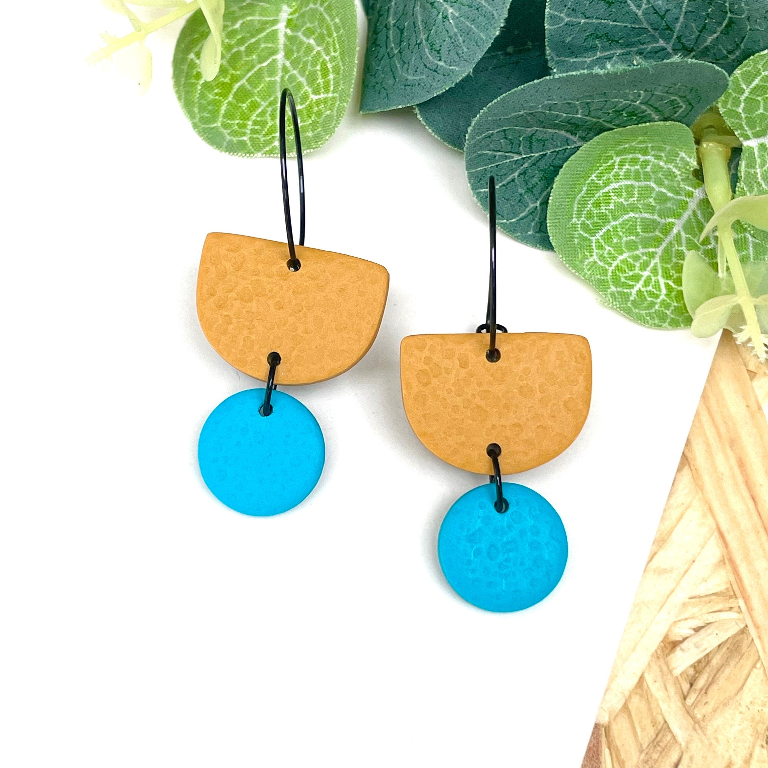 Mustard & turquoise yellow hoop earrings with black hoops 