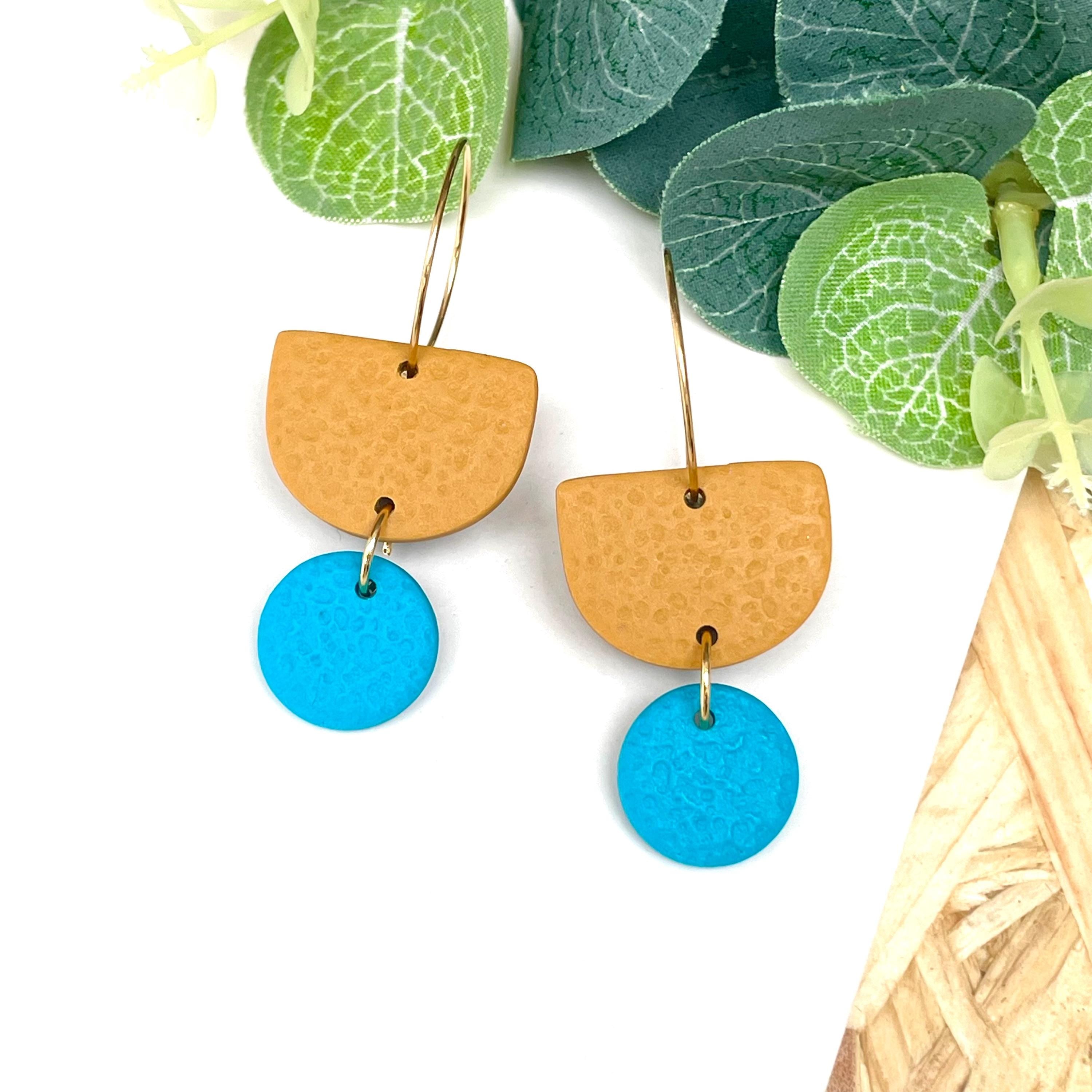 Mustard & turquoise yellow hoop earrings with gold hoops
