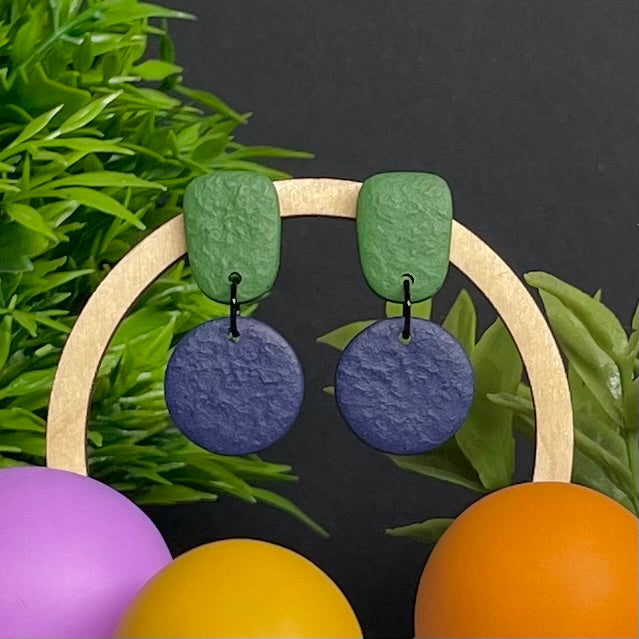 Olive Green & Navy Blue colour pop dangle earrings on hoop display prop