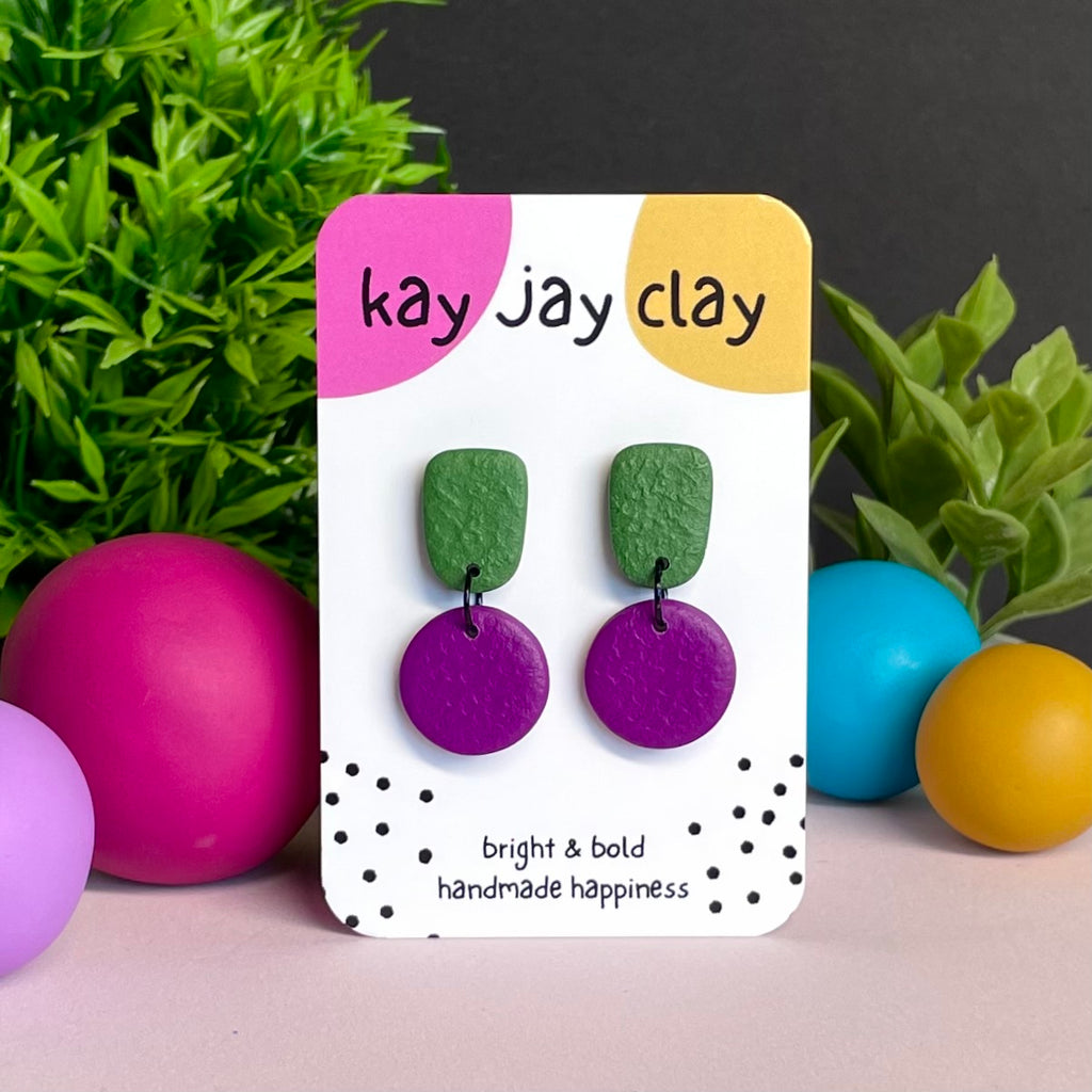  Olive Green & Purple colour pop dangle earrings on Kay Jay Clay branded mounting card