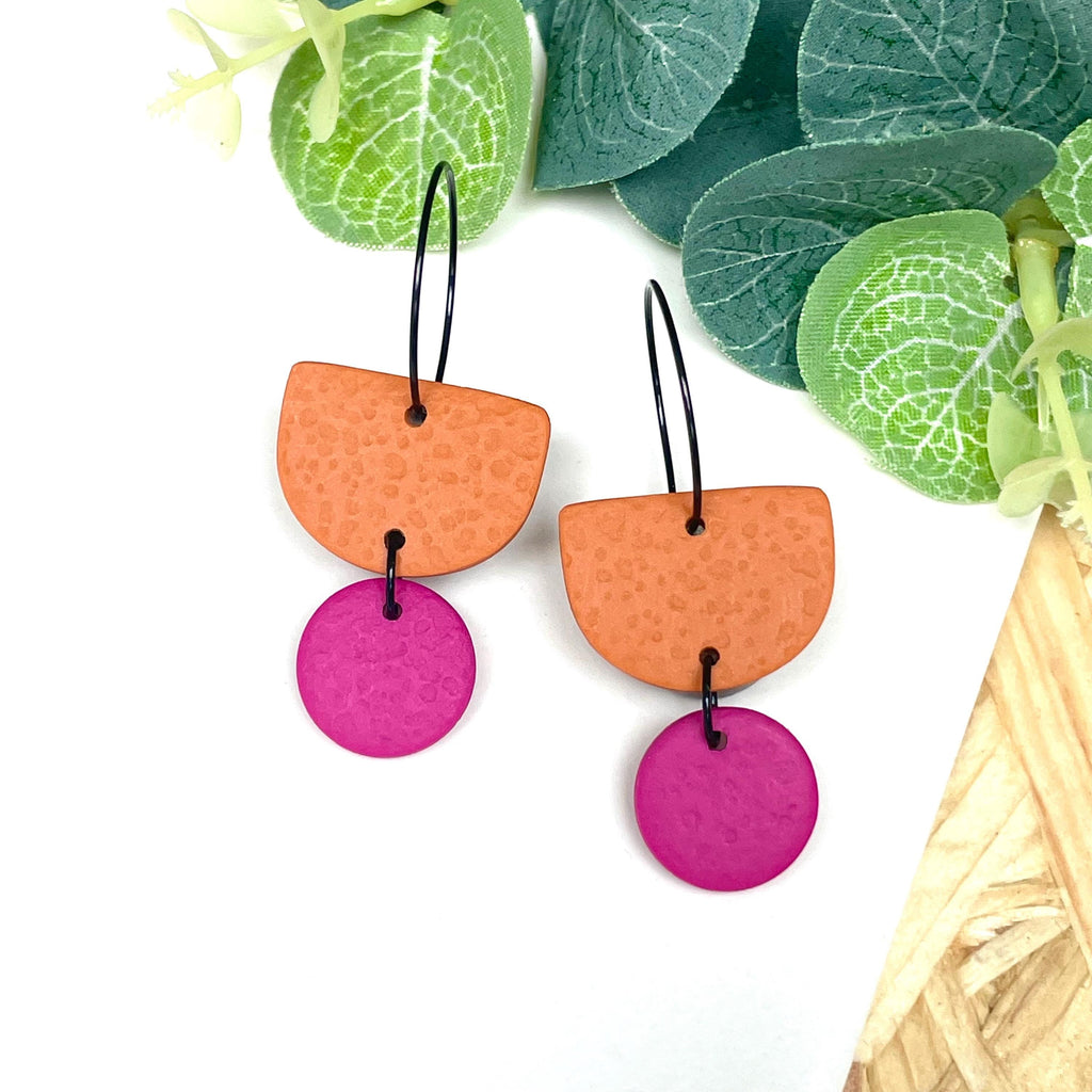 Orange & hot pink hoop earrings with black hoops
